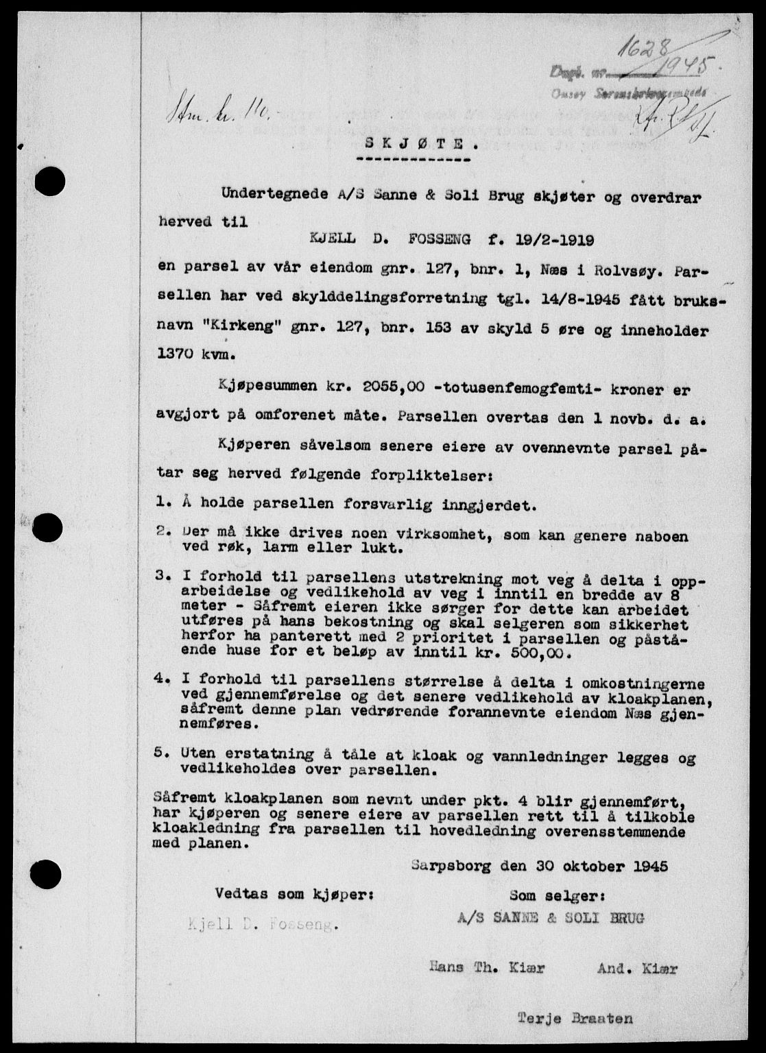 Onsøy sorenskriveri, SAO/A-10474/G/Ga/Gab/L0015: Mortgage book no. II A-15, 1945-1946, Diary no: : 1628/1945