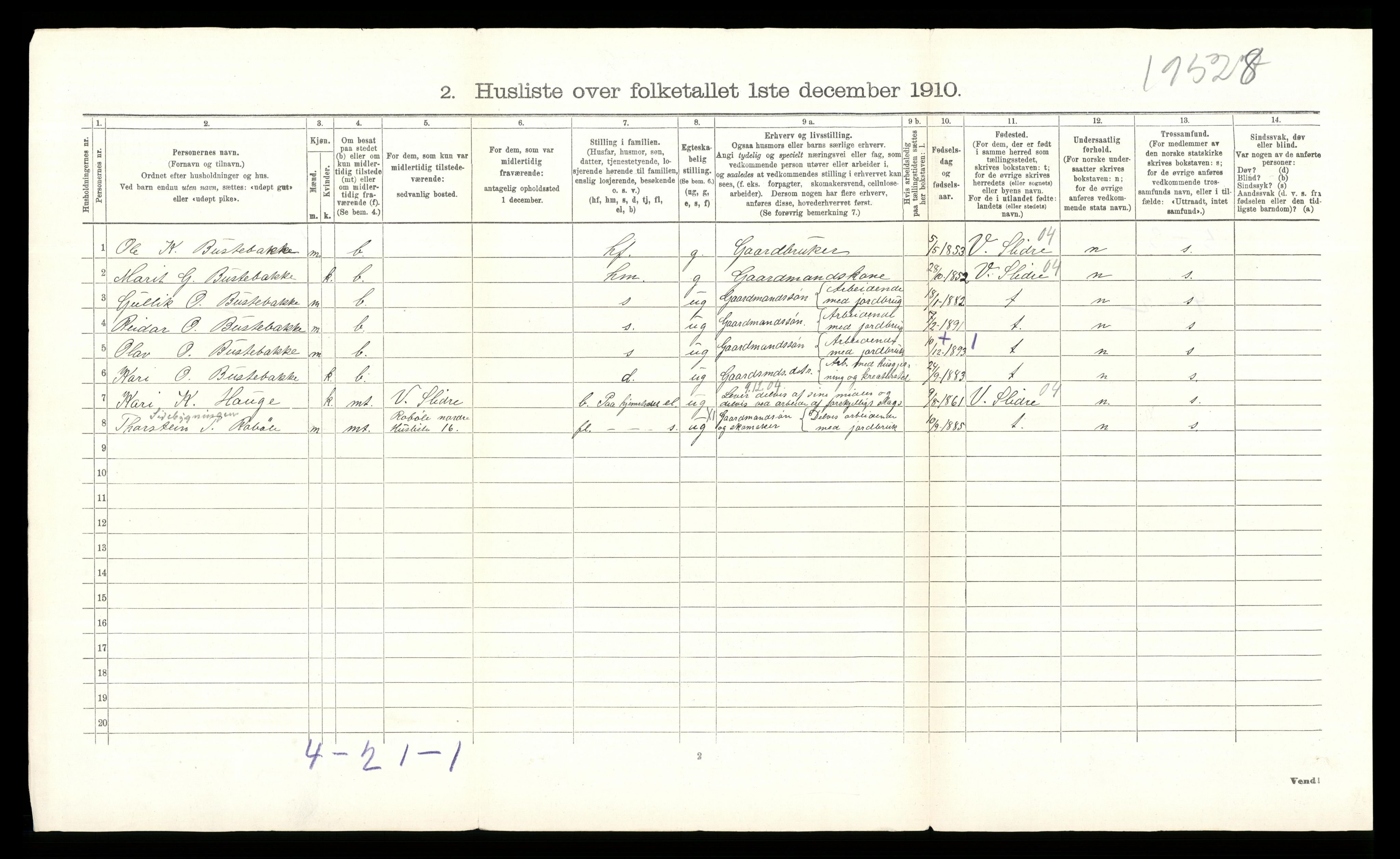 RA, 1910 census for Øystre Slidre, 1910, p. 521