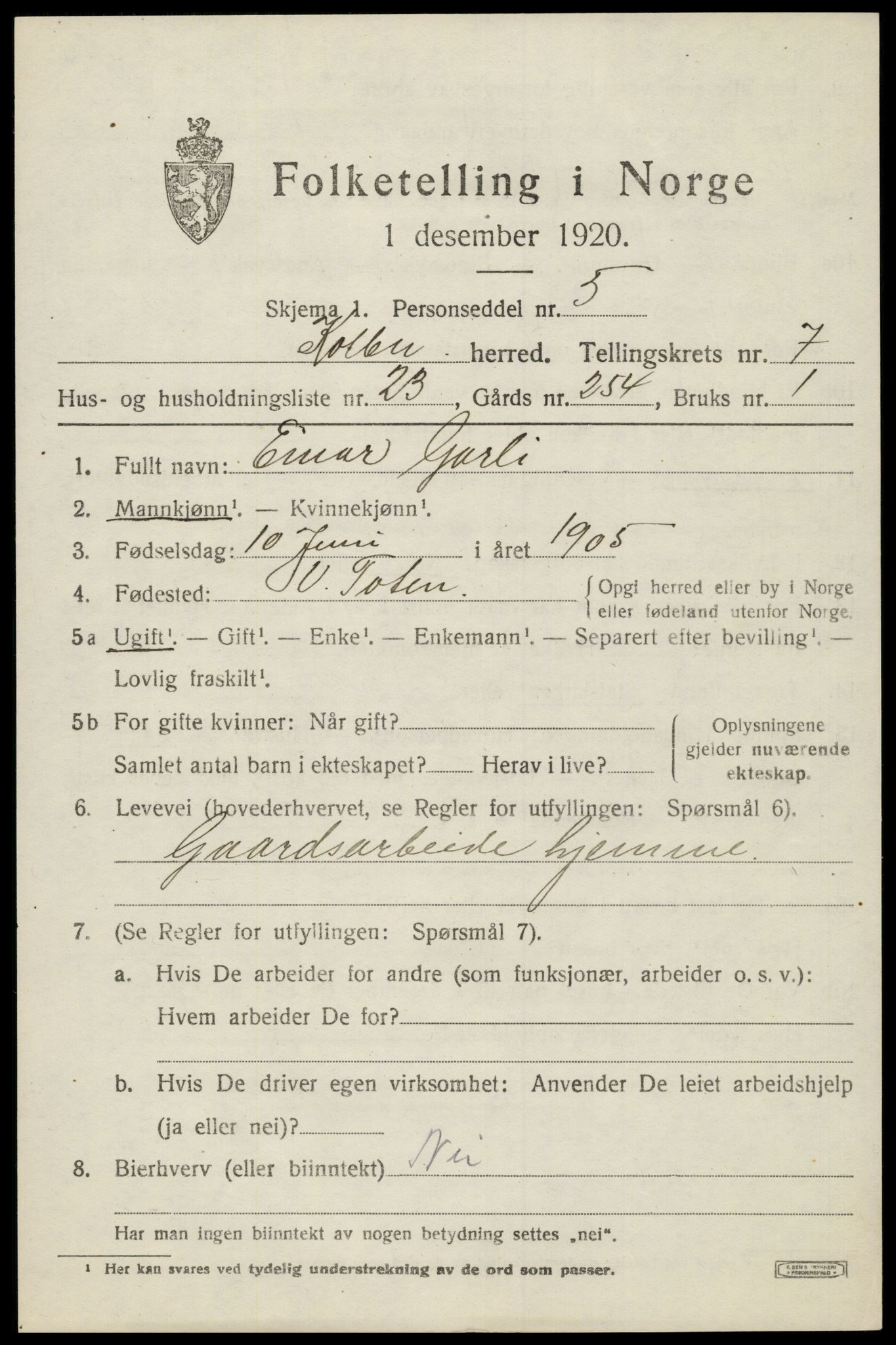 SAH, 1920 census for Kolbu, 1920, p. 5308