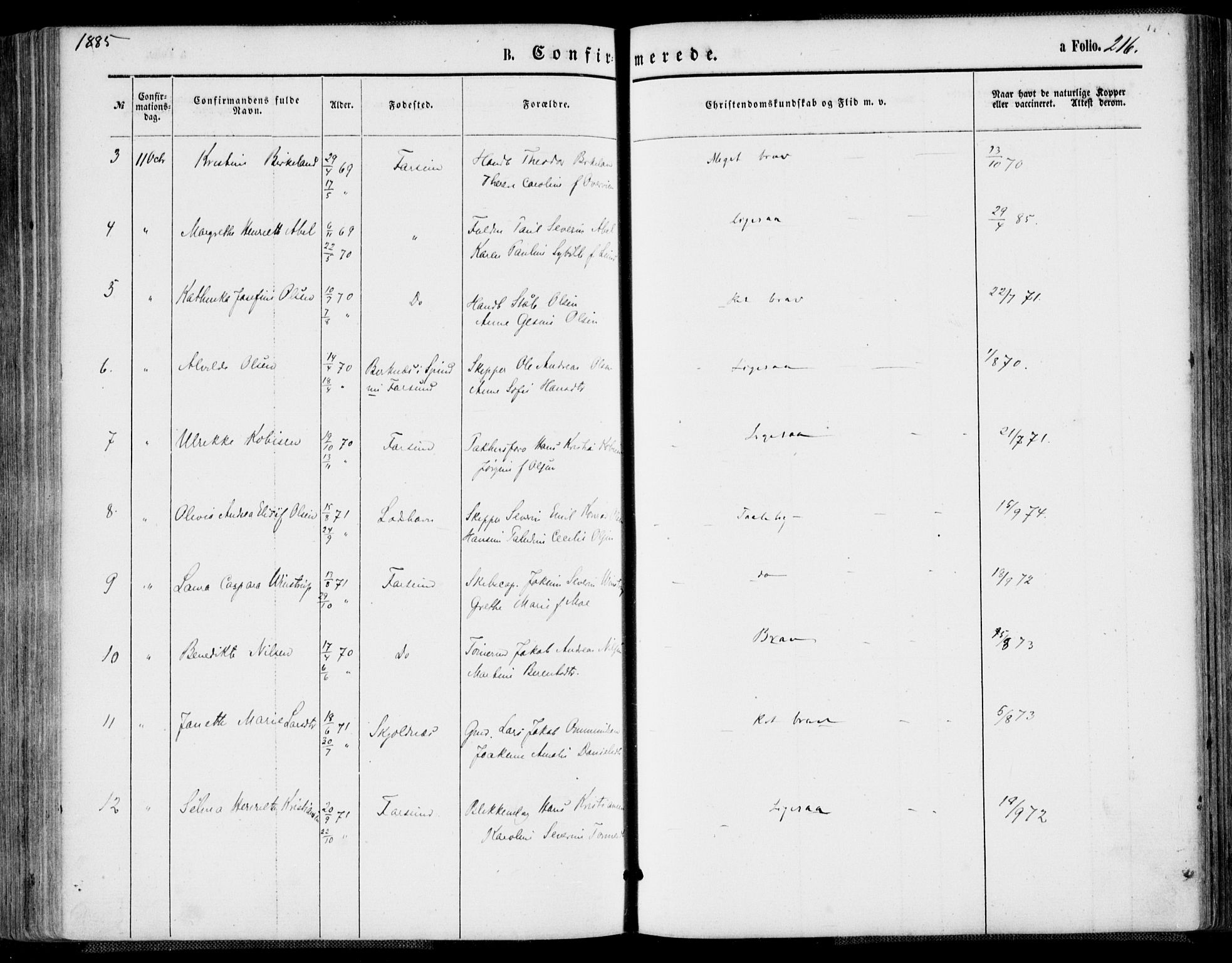 Farsund sokneprestkontor, AV/SAK-1111-0009/F/Fa/L0005: Parish register (official) no. A 5, 1863-1886, p. 216