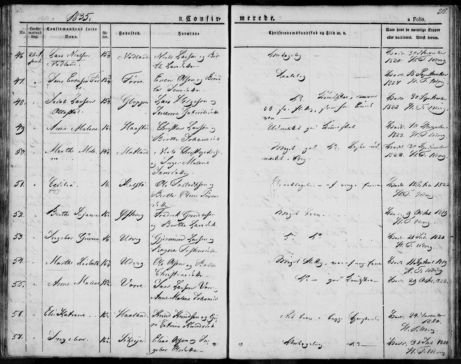 Avaldsnes sokneprestkontor, AV/SAST-A -101851/H/Ha/Haa/L0005: Parish register (official) no. A 5.1, 1825-1841, p. 215