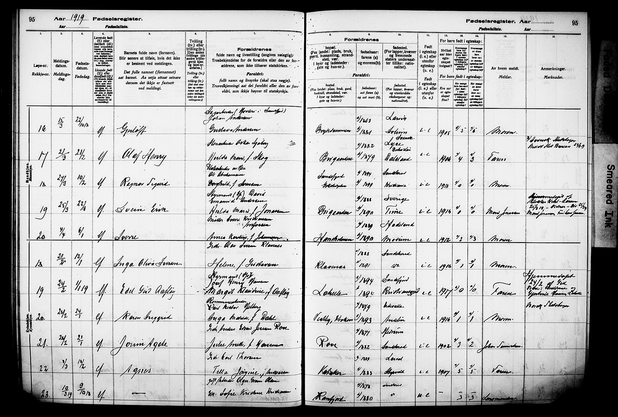 Sandar kirkebøker, AV/SAKO-A-243/J/Ja/L0001: Birth register no. 1, 1916-1922, p. 95