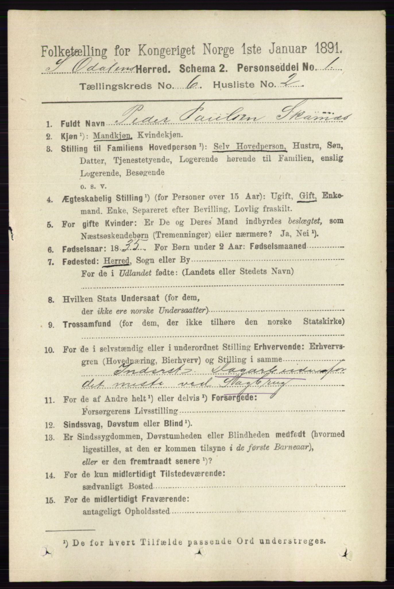 RA, 1891 census for 0419 Sør-Odal, 1891, p. 2805