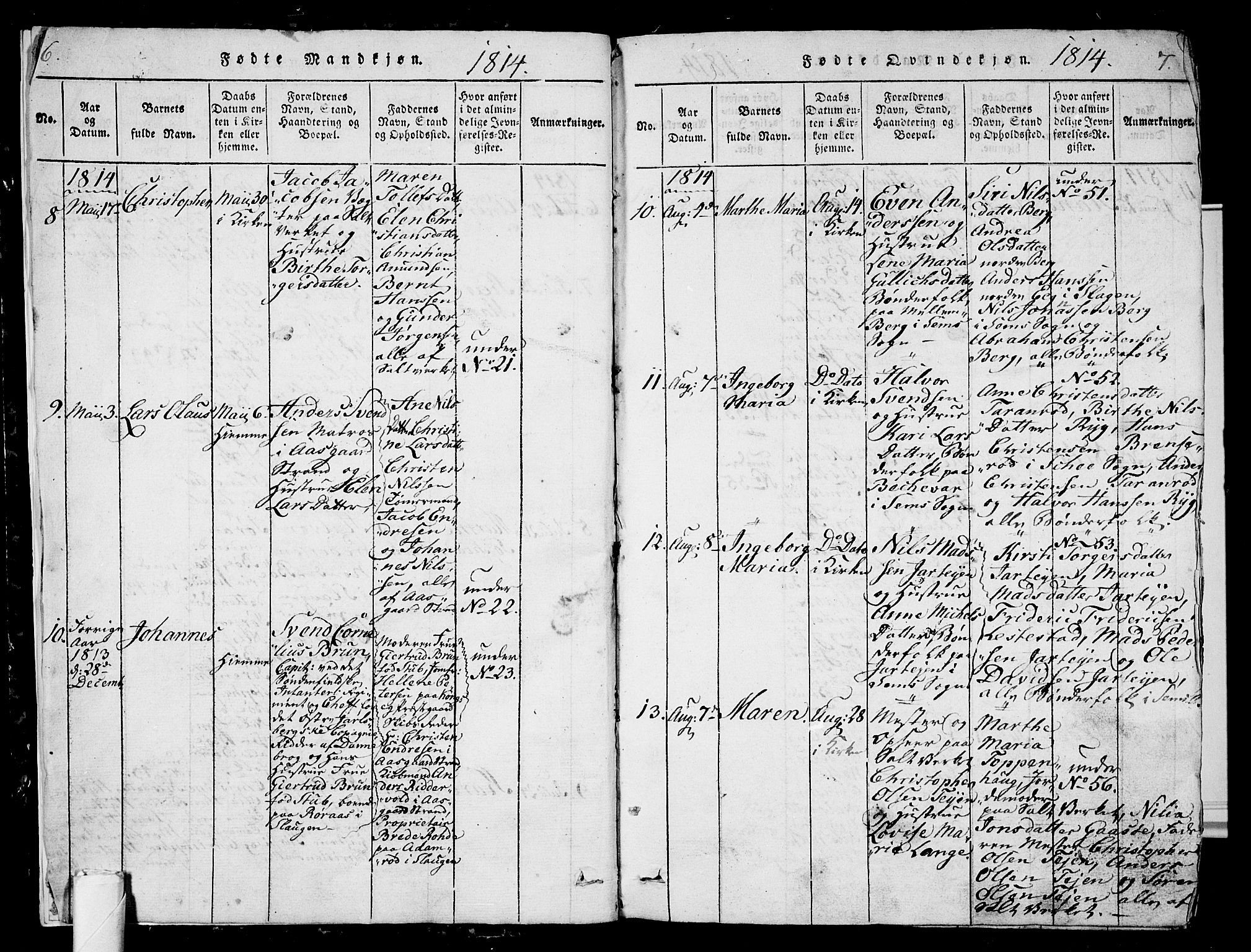 Sem kirkebøker, AV/SAKO-A-5/G/Ga/L0001: Parish register (copy) no. I 1, 1814-1825, p. 6-7