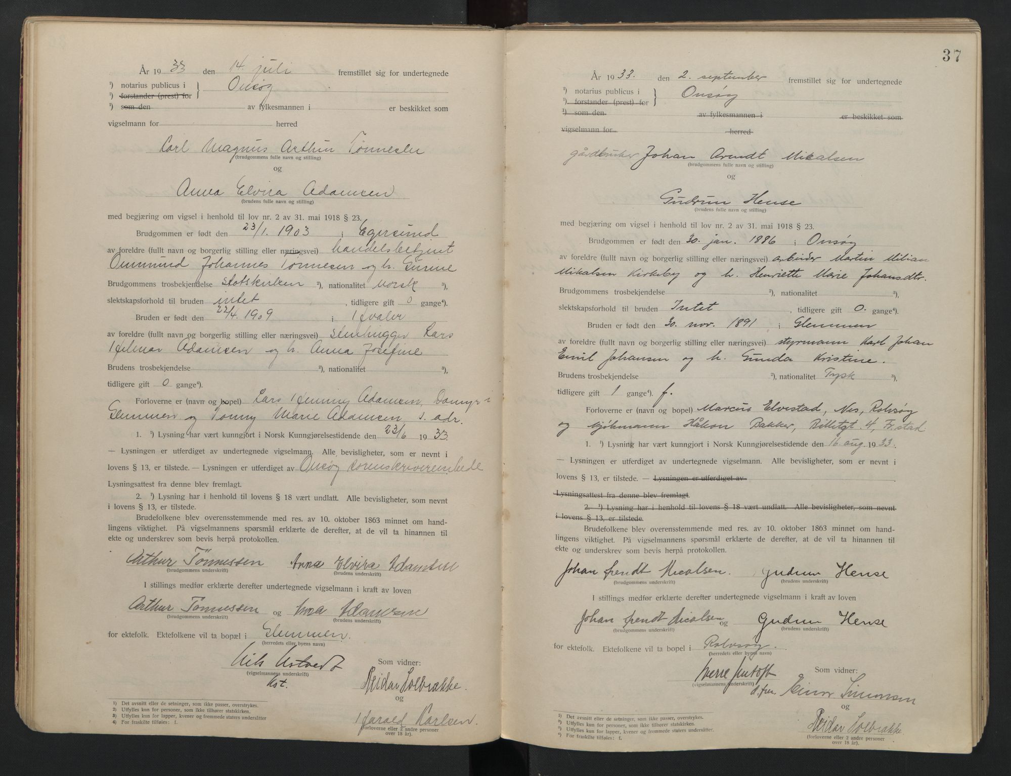 Onsøy sorenskriveri, AV/SAO-A-10474/L/La/L0001: Vigselsbok, 1920-1942, p. 37