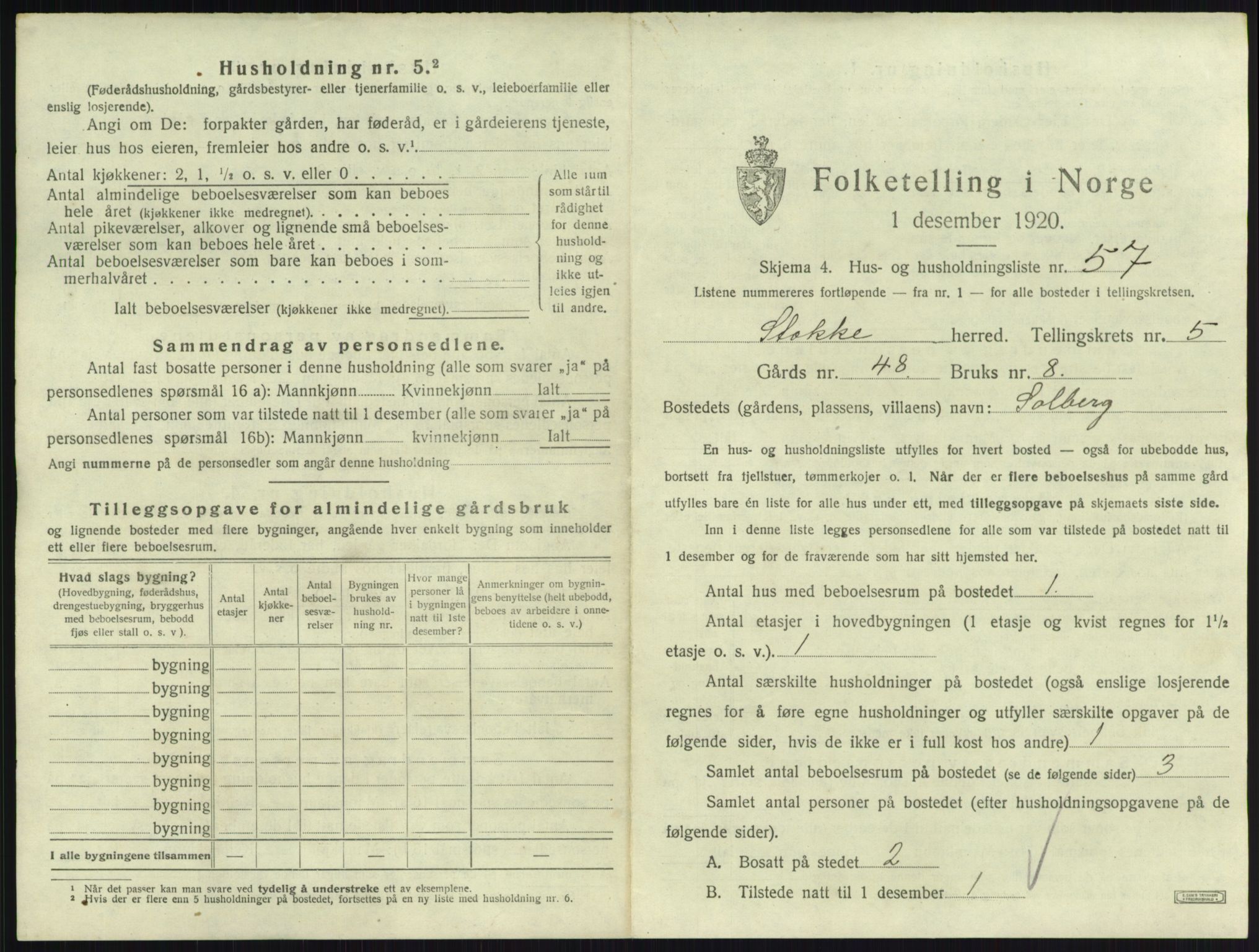 SAKO, 1920 census for Stokke, 1920, p. 1095