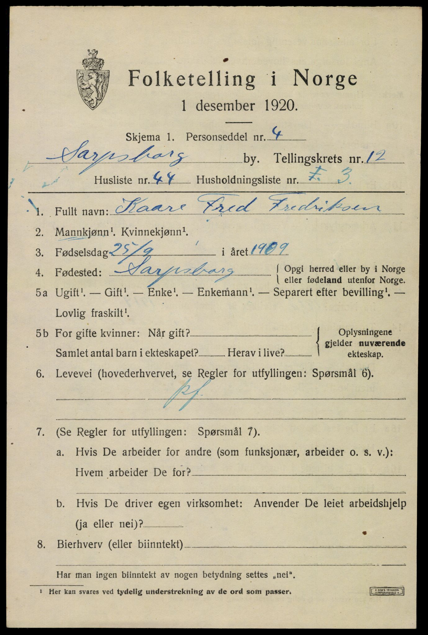 SAO, 1920 census for Sarpsborg, 1920, p. 26058