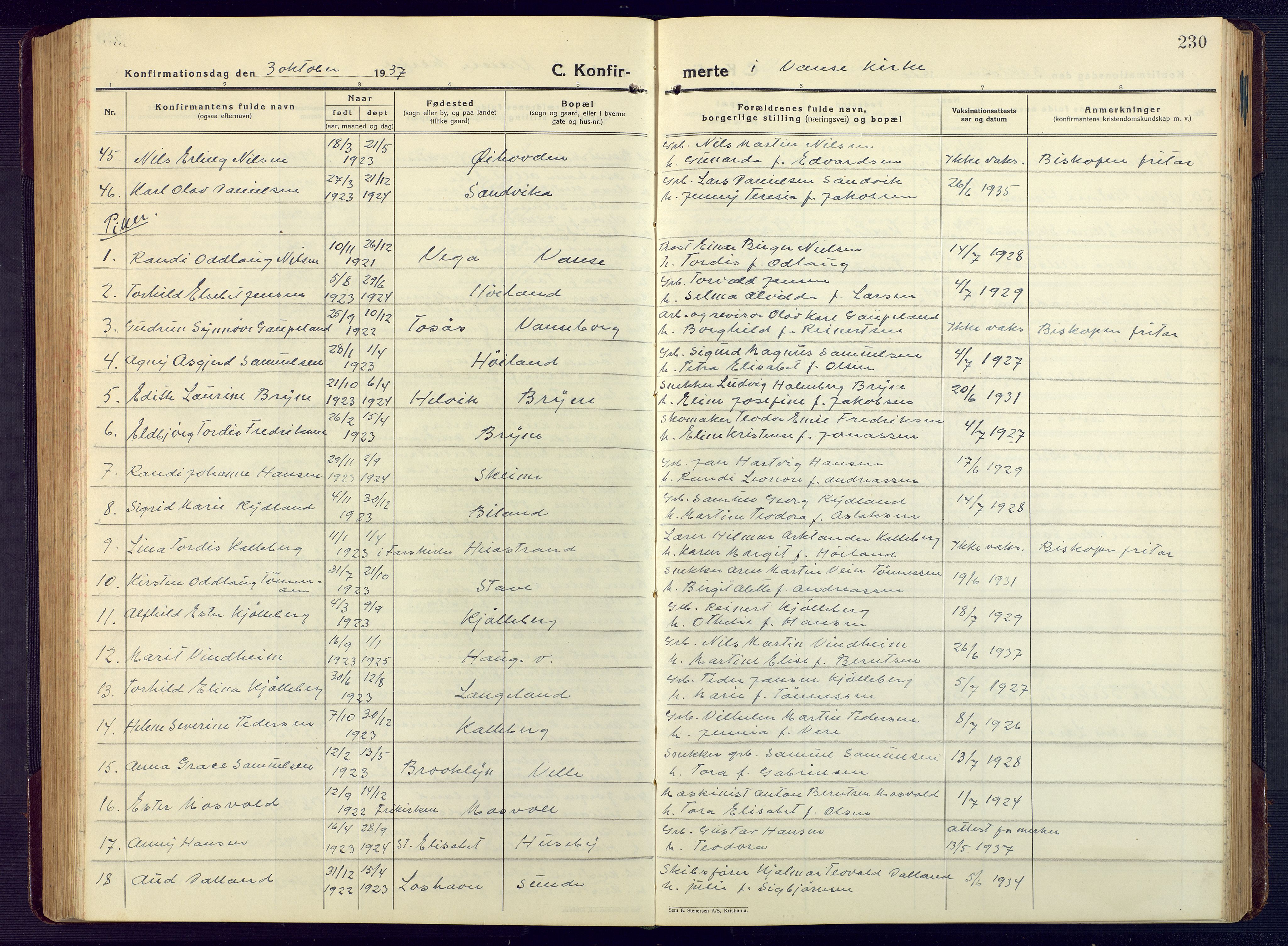 Lista sokneprestkontor, SAK/1111-0027/F/Fb/L0006: Parish register (copy) no. B 6, 1924-1947, p. 230