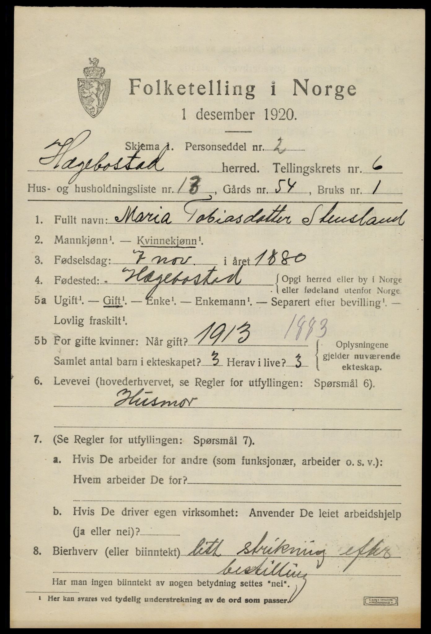 SAK, 1920 census for Hægebostad, 1920, p. 2089