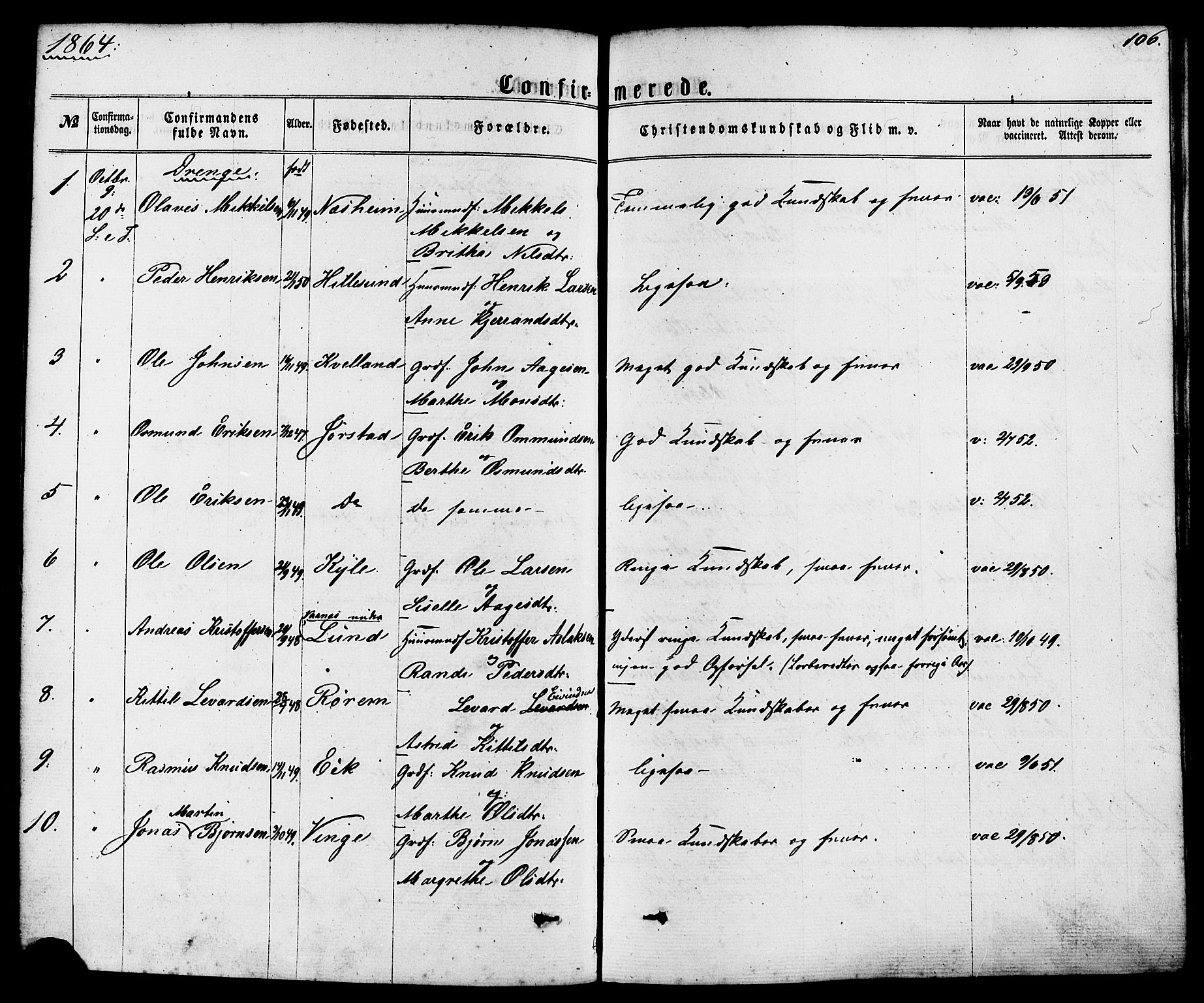 Nedstrand sokneprestkontor, AV/SAST-A-101841/01/IV: Parish register (official) no. A 10, 1861-1887, p. 106