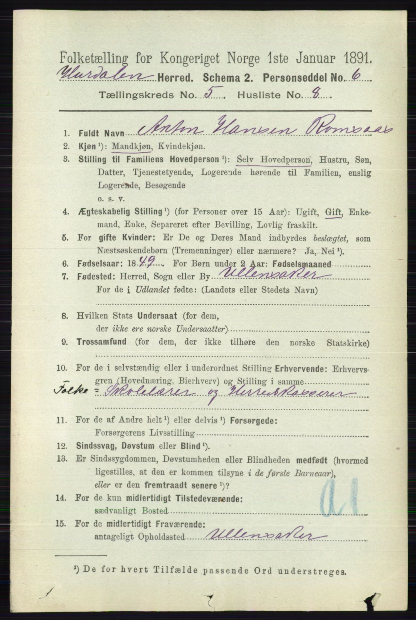 RA, 1891 census for 0239 Hurdal, 1891, p. 2123