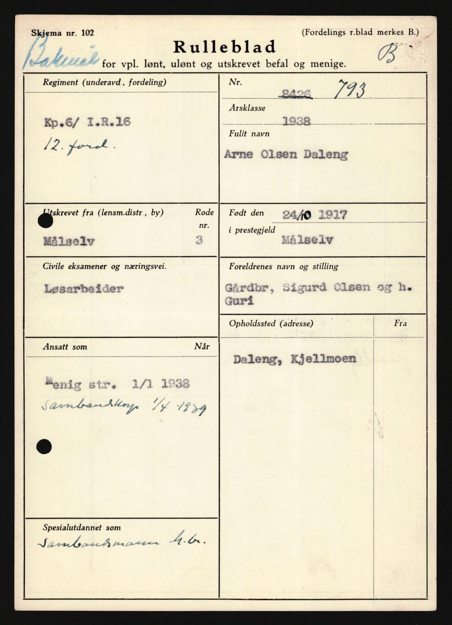 Forsvaret, Troms infanteriregiment nr. 16, AV/RA-RAFA-3146/P/Pa/L0022: Rulleblad for regimentets menige mannskaper, årsklasse 1938, 1938, p. 175