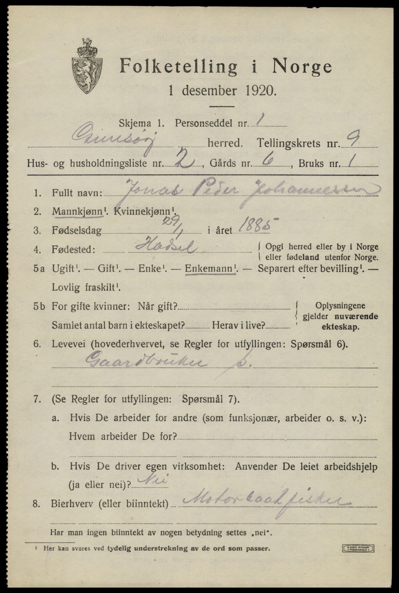 SAT, 1920 census for Gimsøy, 1920, p. 3565