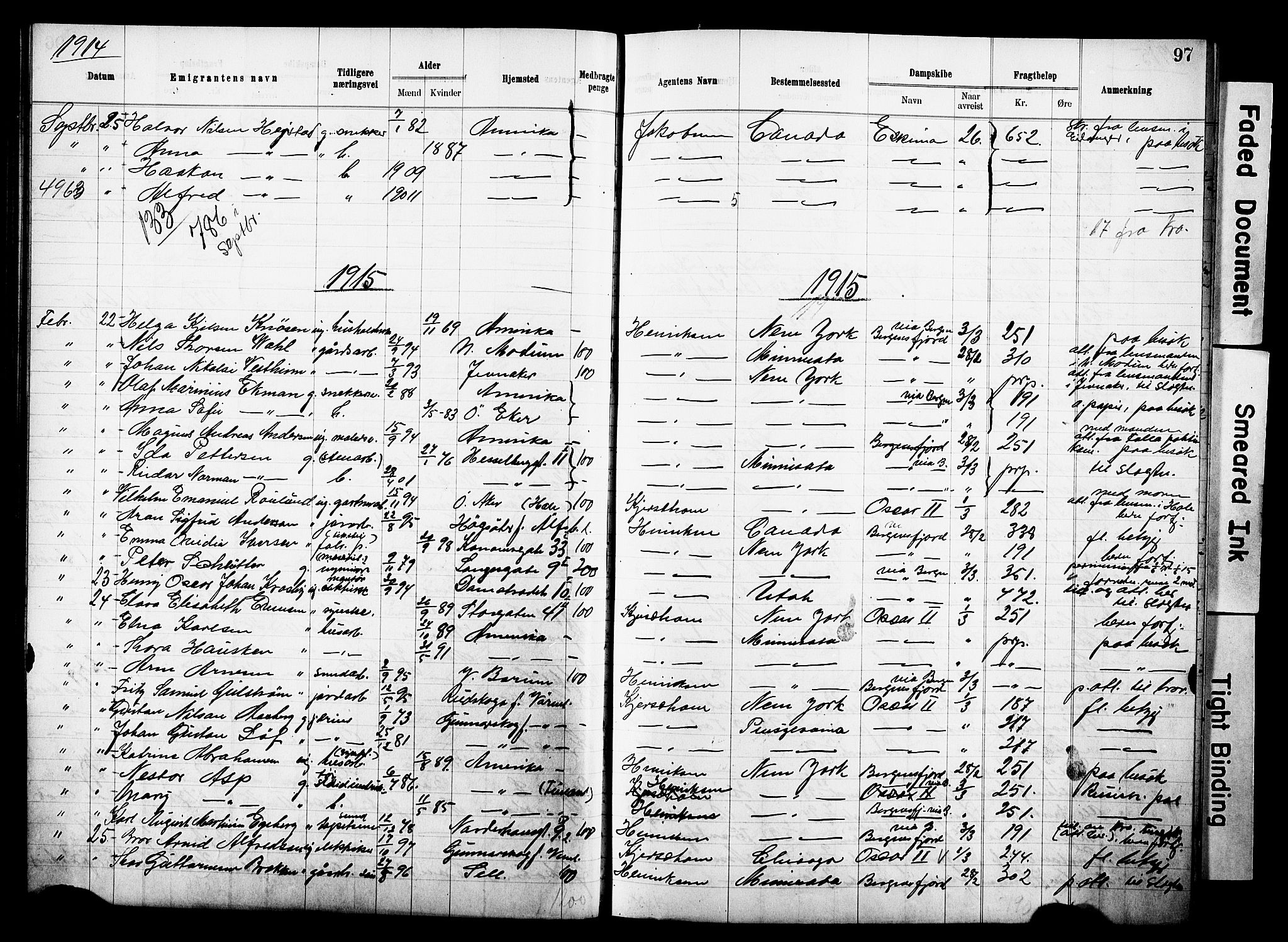 Oslo politidistrikt, AV/SAO-A-10085/E/Ee/Eef/L0031: Emigrantprotokoll, 1913-1919, p. 97