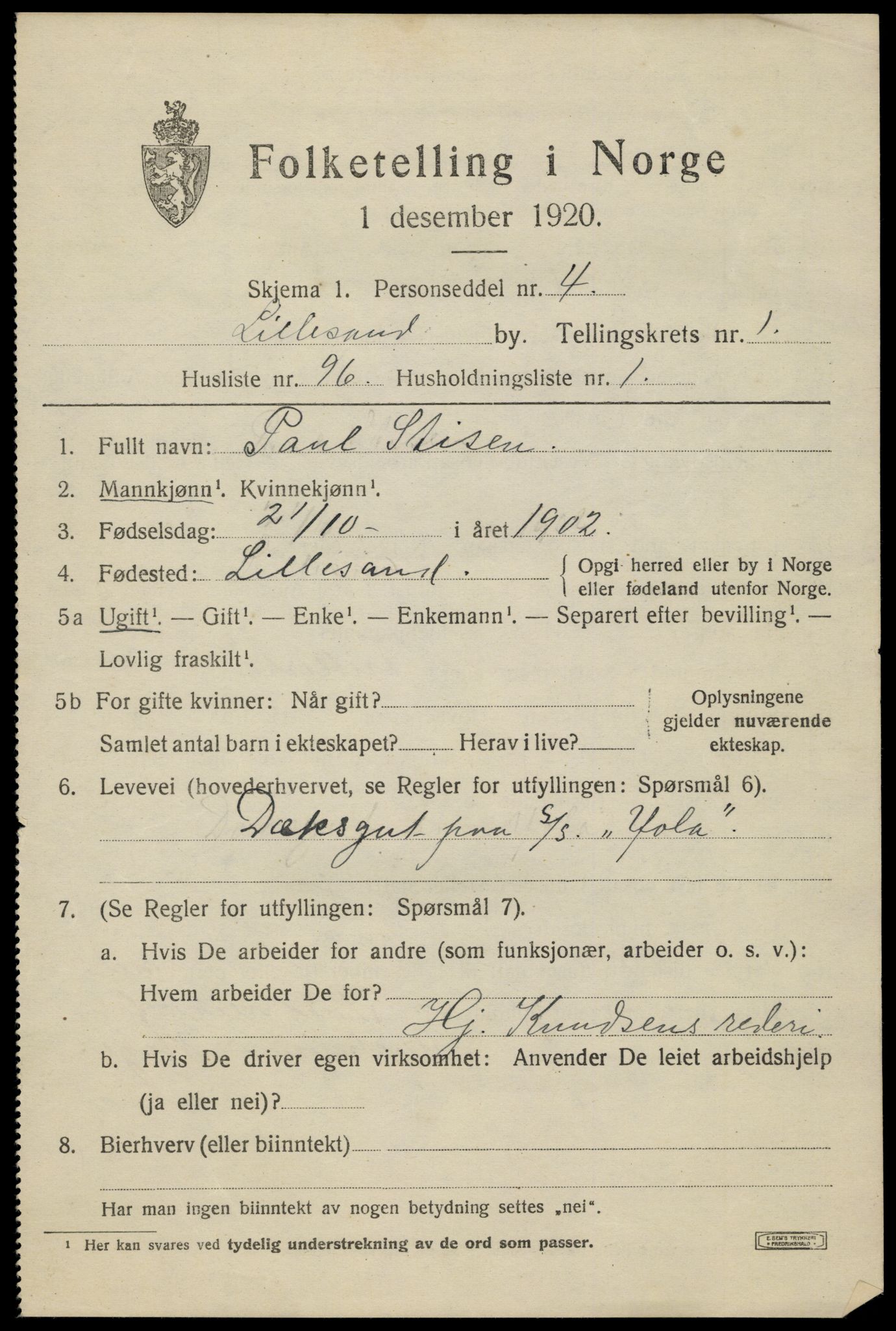 SAK, 1920 census for Lillesand, 1920, p. 2329