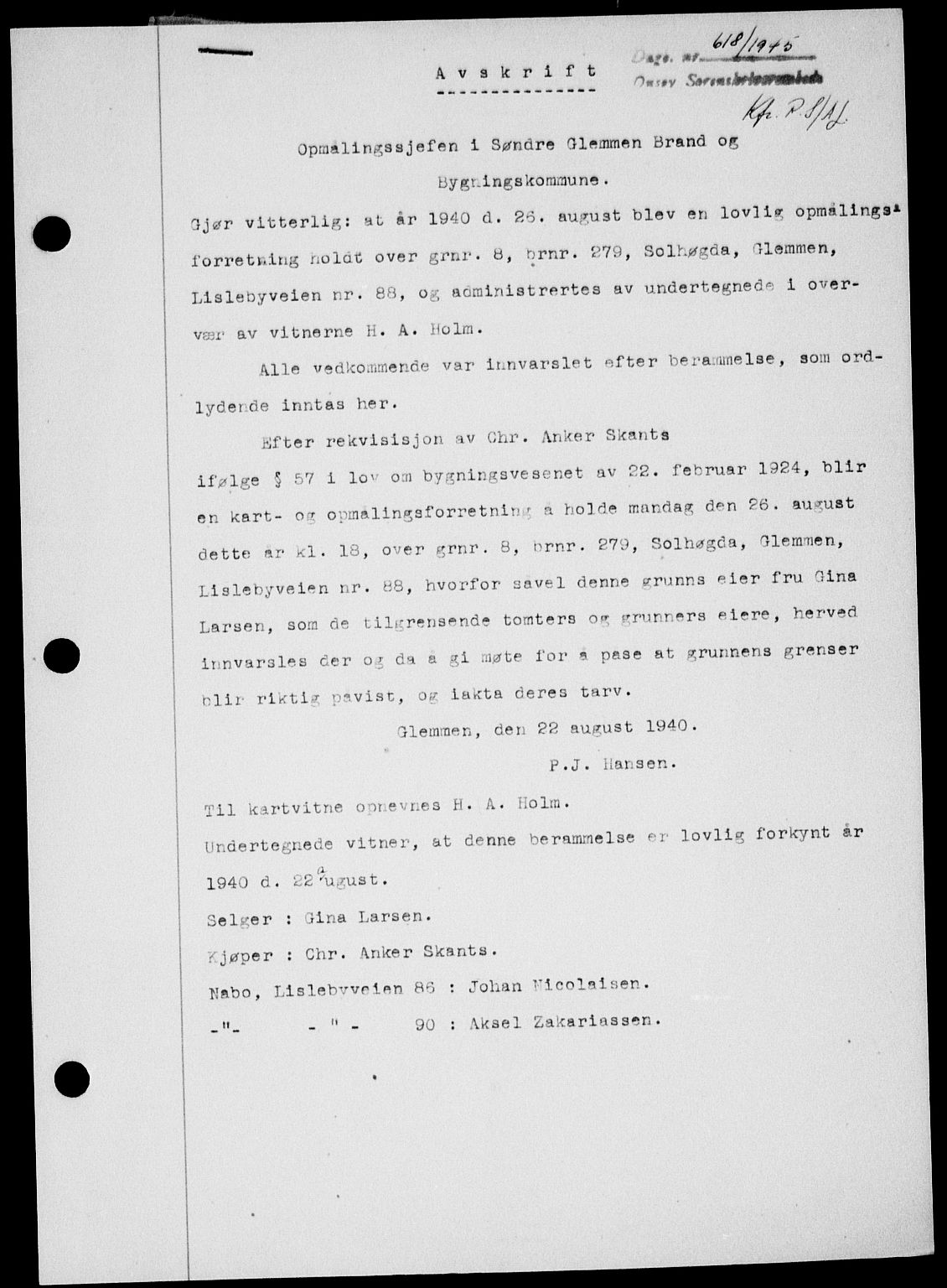 Onsøy sorenskriveri, SAO/A-10474/G/Ga/Gab/L0014: Mortgage book no. II A-14, 1944-1945, Diary no: : 618/1945