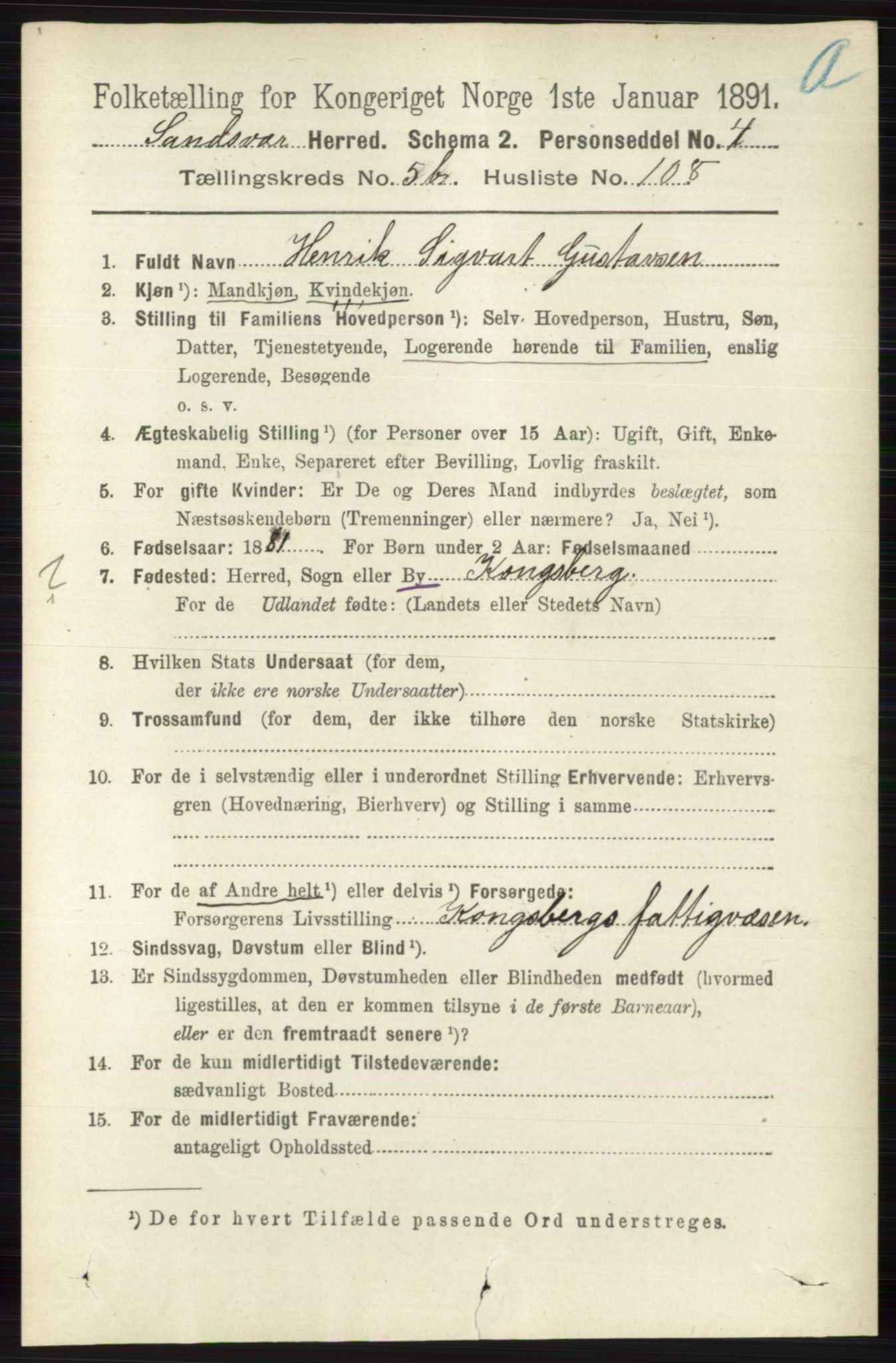 RA, 1891 census for 0629 Sandsvær, 1891, p. 3298