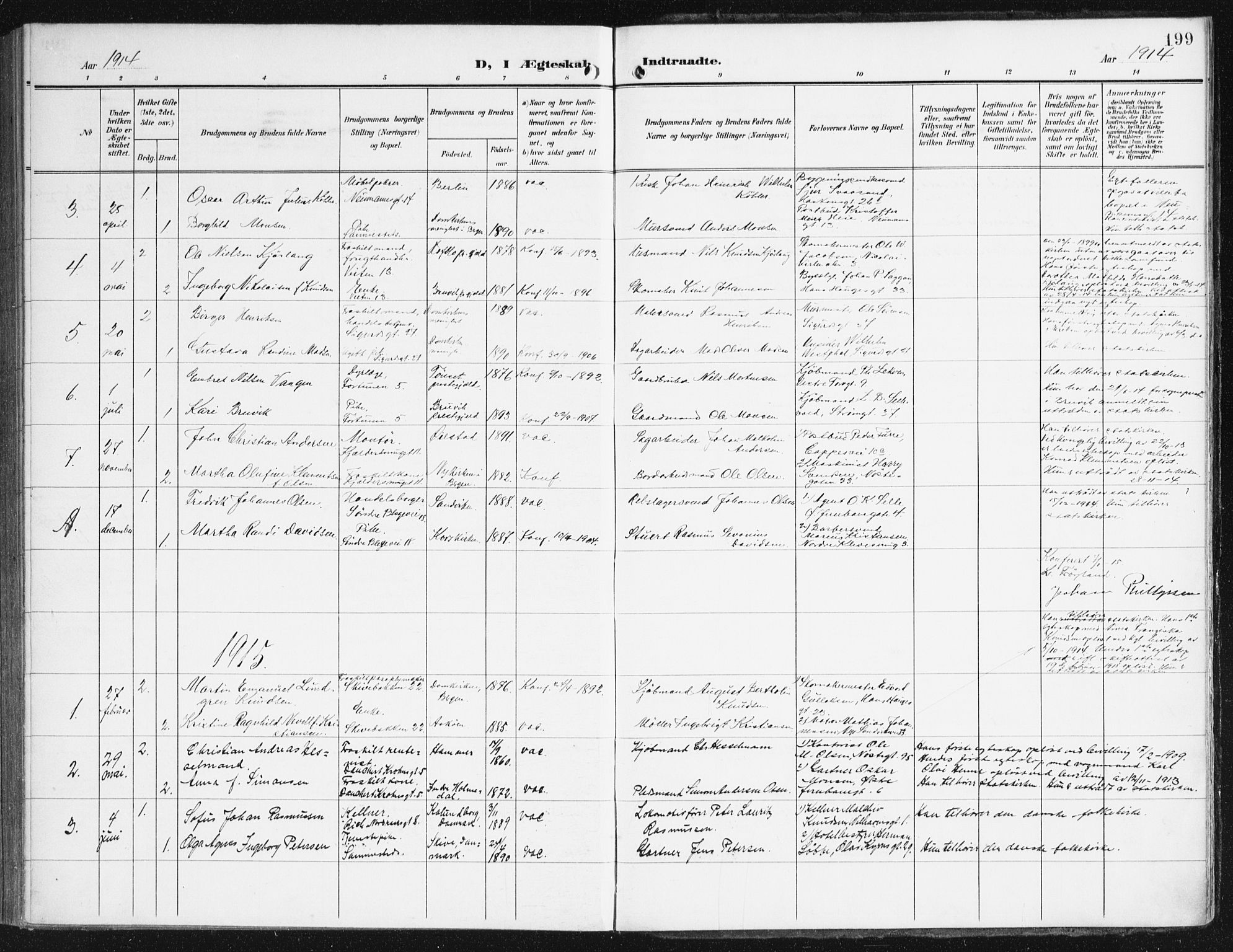 Domkirken sokneprestembete, SAB/A-74801/H/Haa/L0038: Parish register (official) no. D 5, 1906-1921, p. 199