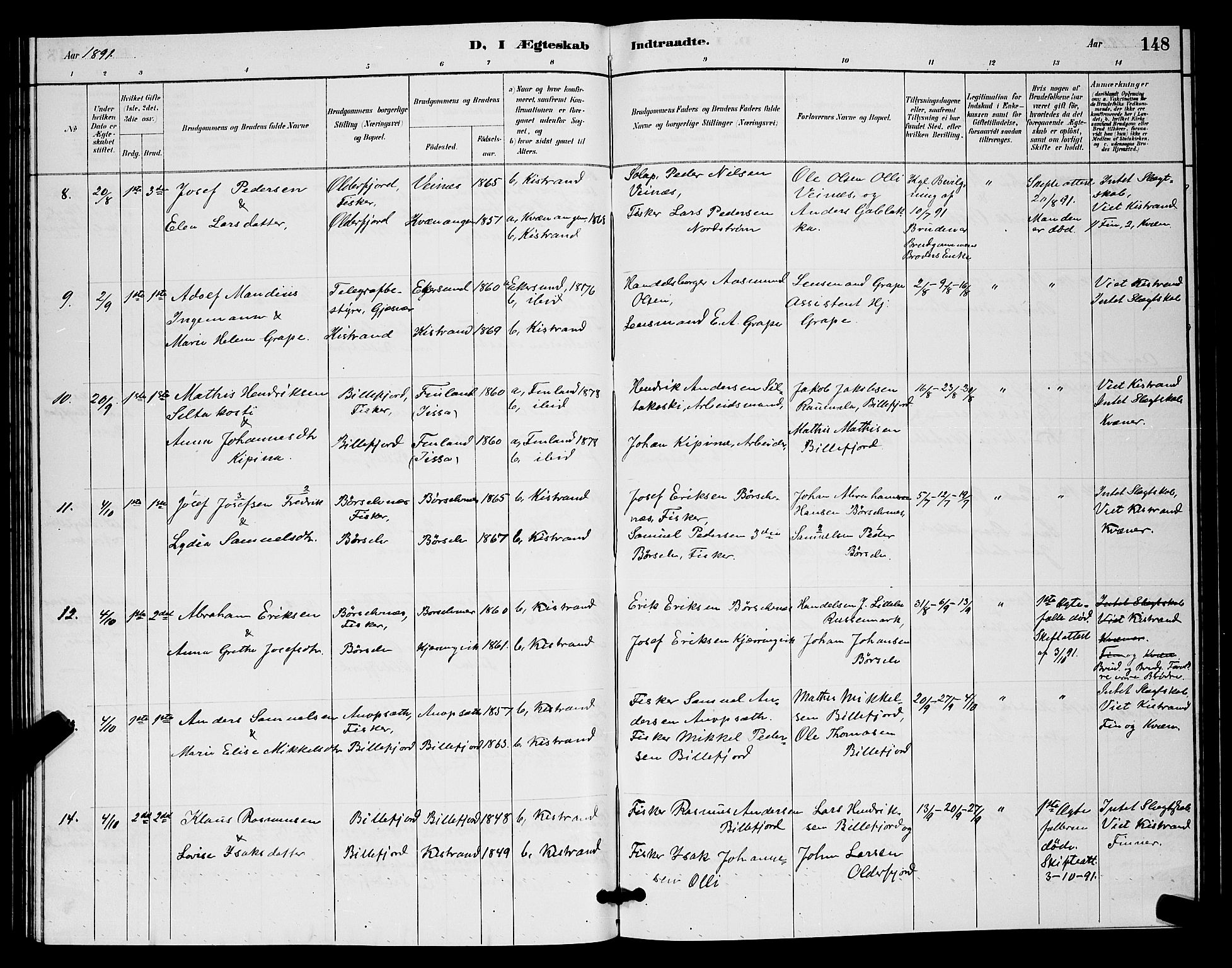 Kistrand/Porsanger sokneprestembete, AV/SATØ-S-1351/H/Hb/L0004.klokk: Parish register (copy) no. 4, 1885-1894, p. 148