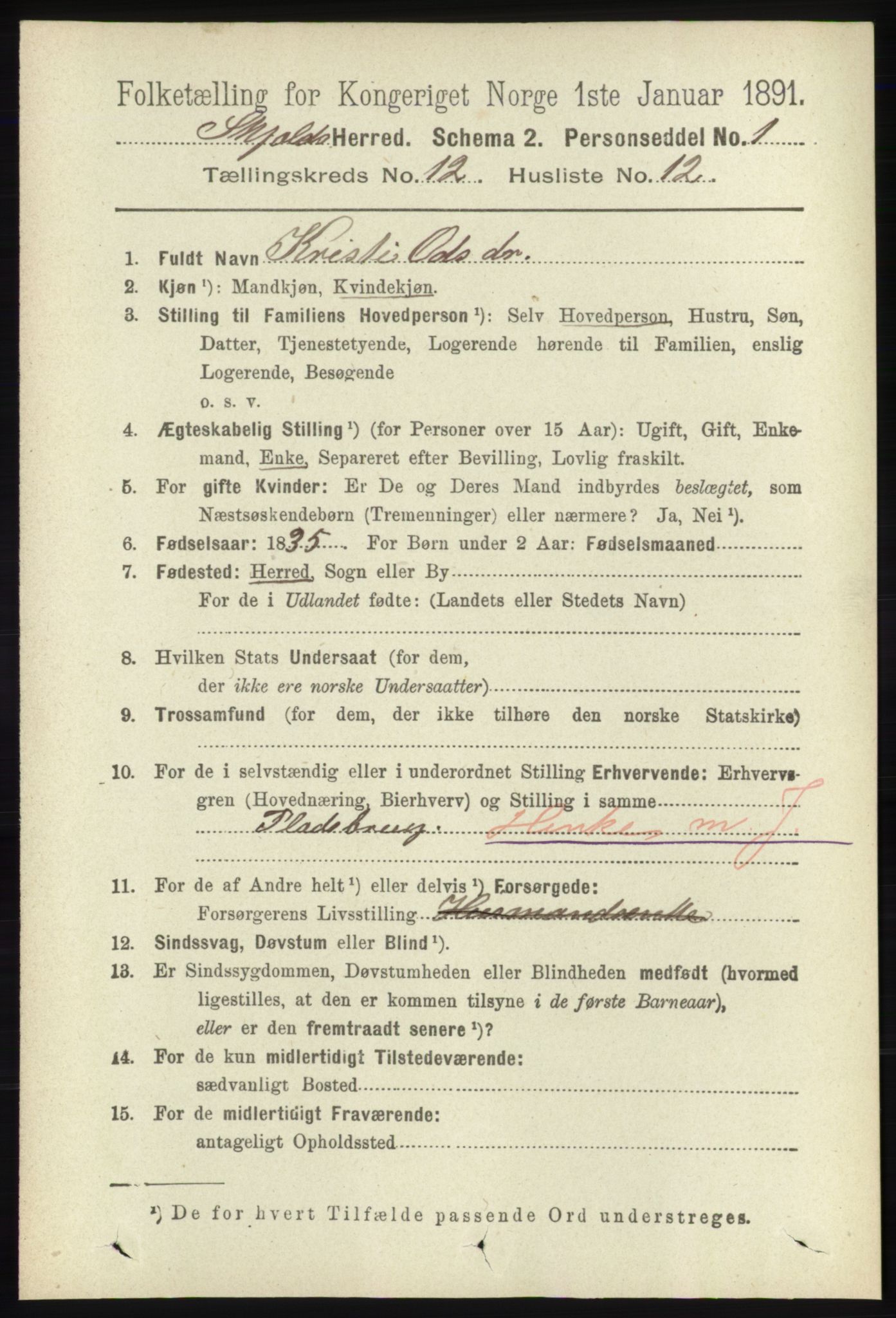 RA, 1891 census for 1154 Skjold, 1891, p. 2312