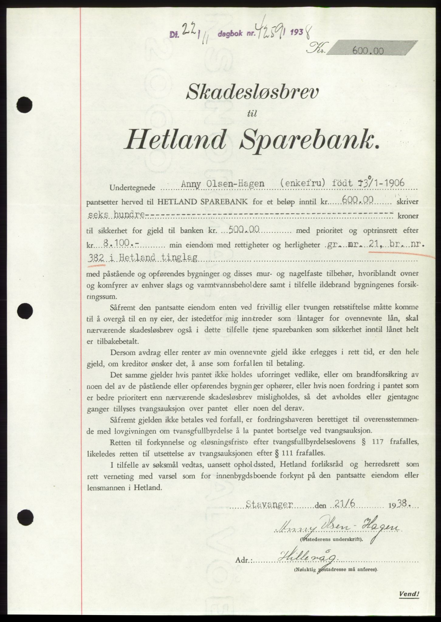 Jæren sorenskriveri, SAST/A-100310/03/G/Gba/L0072: Mortgage book, 1938-1938, Diary no: : 4259/1938
