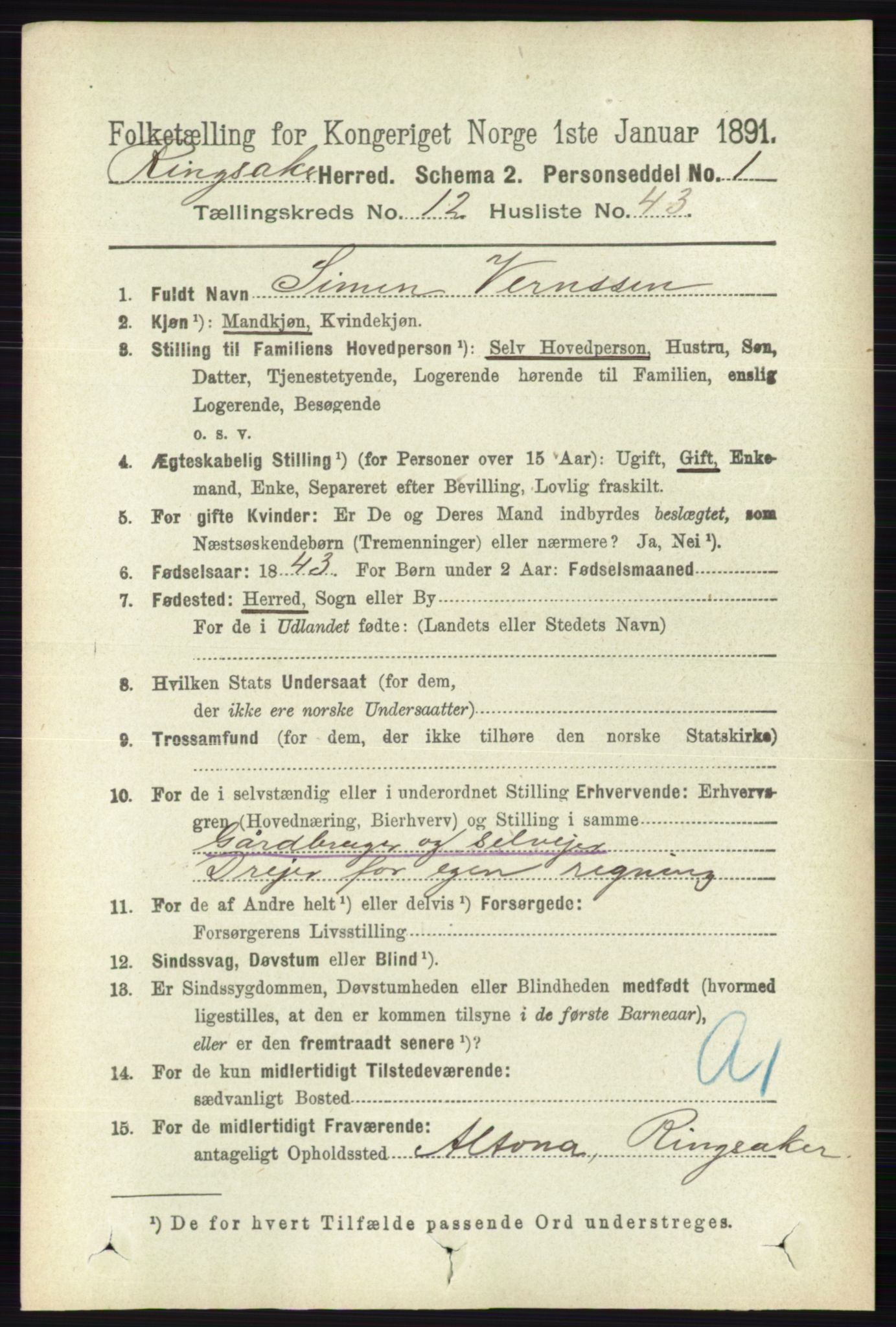 RA, 1891 census for 0412 Ringsaker, 1891, p. 6982