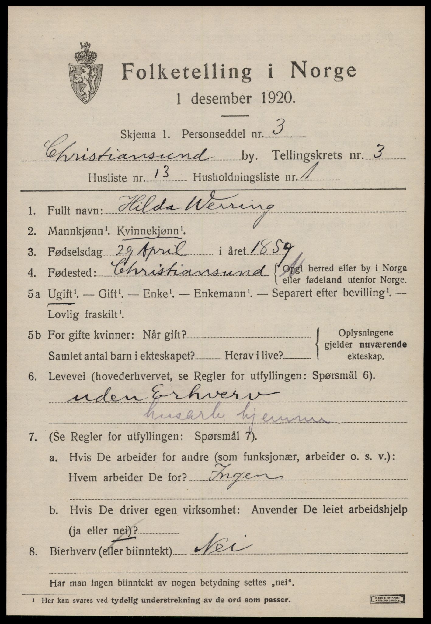 SAT, 1920 census for Kristiansund, 1920, p. 14079