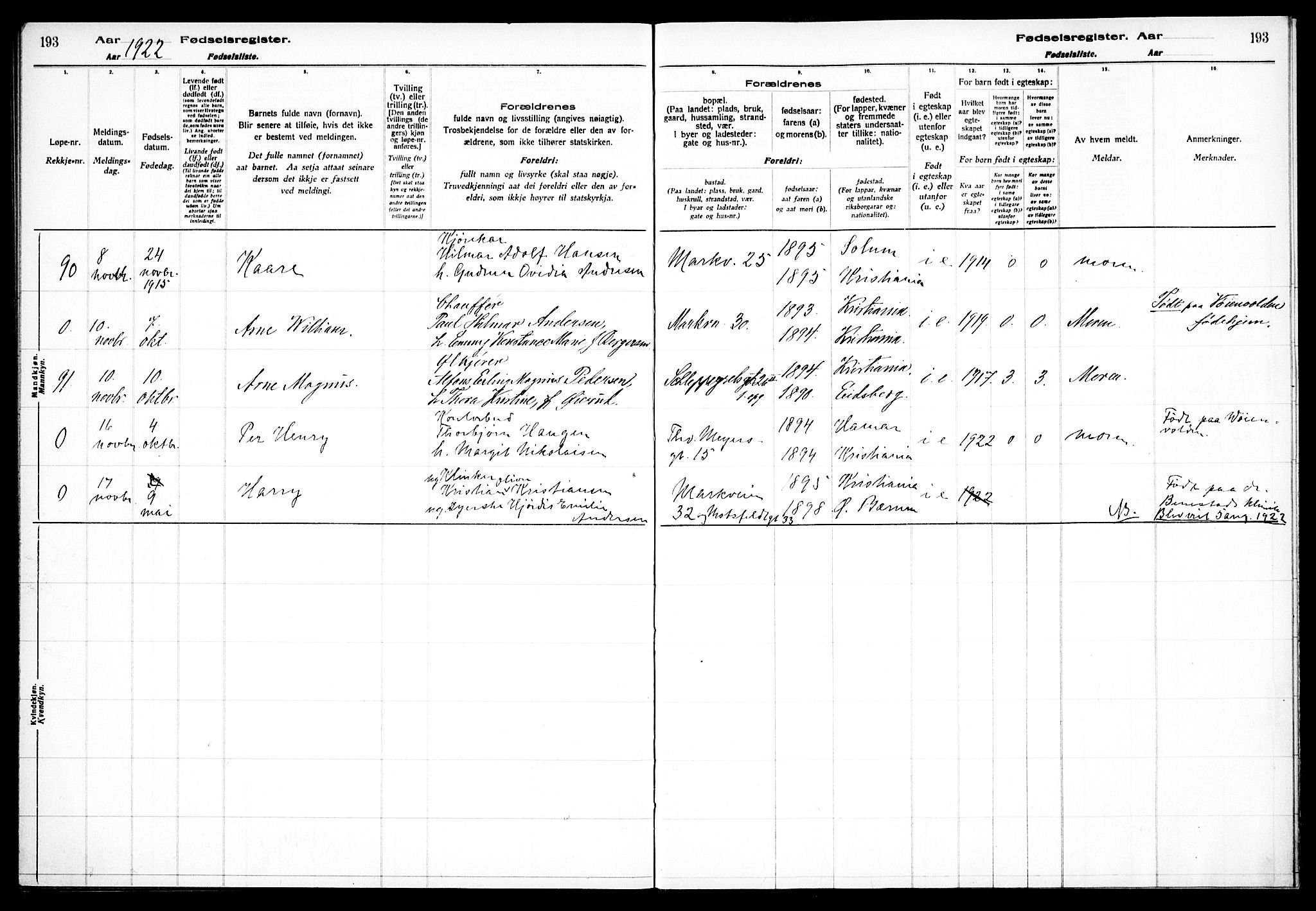 Paulus prestekontor Kirkebøker, AV/SAO-A-10871/J/Ja/L0001: Birth register no. 1, 1916-1923, p. 193