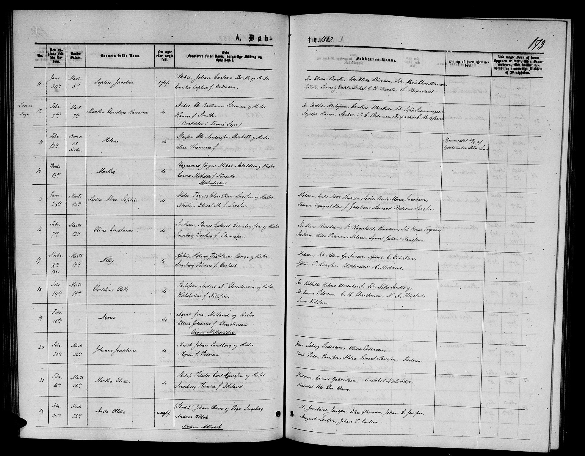 Arendal sokneprestkontor, Trefoldighet, SAK/1111-0040/F/Fb/L0005: Parish register (copy) no. B 5, 1874-1888, p. 173