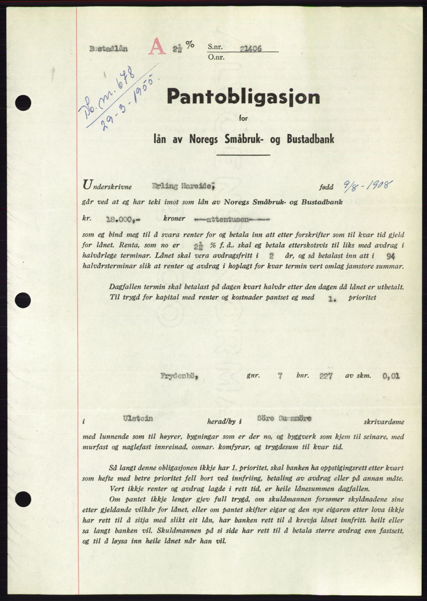 Søre Sunnmøre sorenskriveri, AV/SAT-A-4122/1/2/2C/L0126: Mortgage book no. 14B, 1954-1955, Diary no: : 678/1955