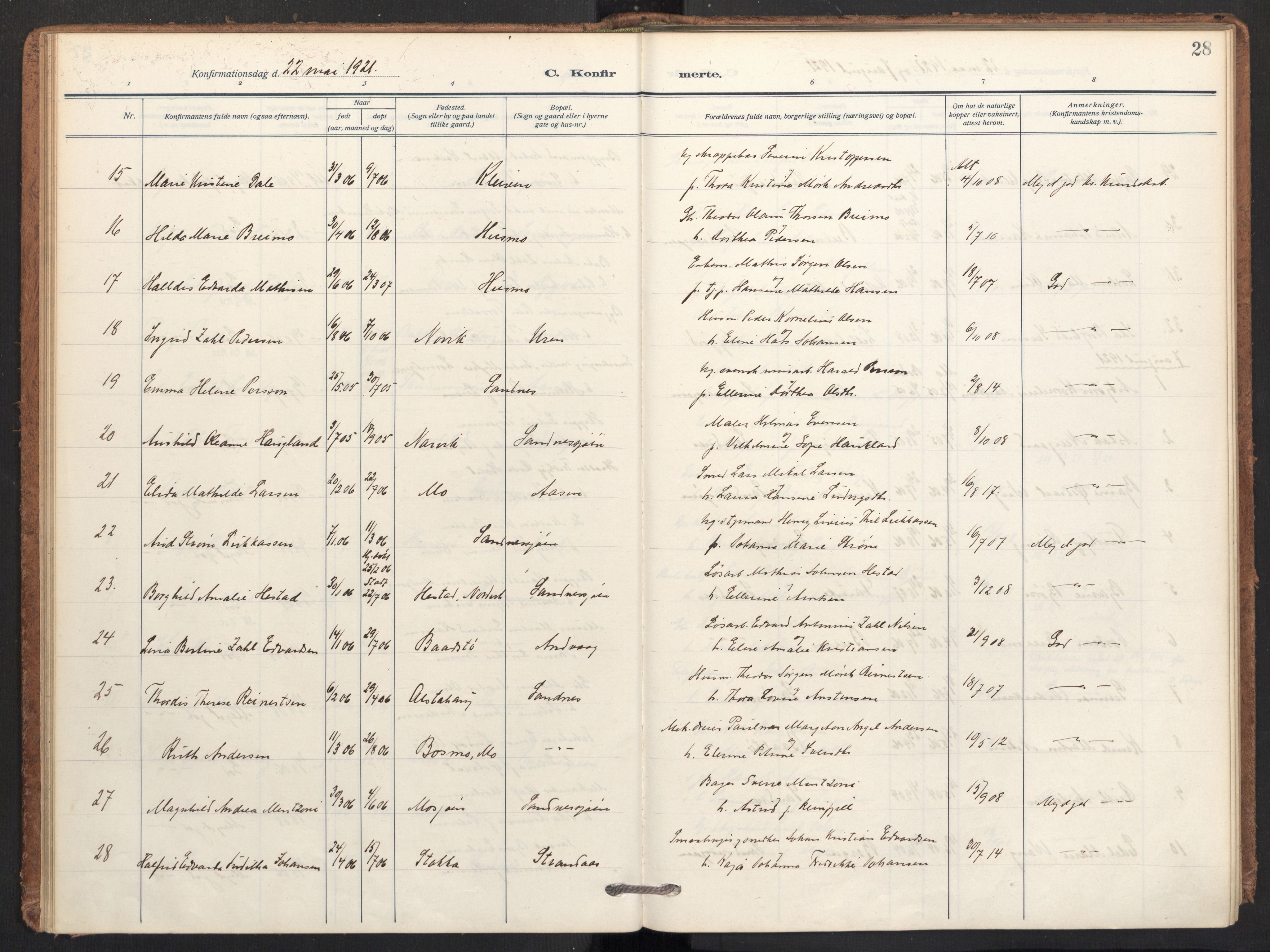 Ministerialprotokoller, klokkerbøker og fødselsregistre - Nordland, AV/SAT-A-1459/831/L0473: Parish register (official) no. 831A04, 1909-1934, p. 28