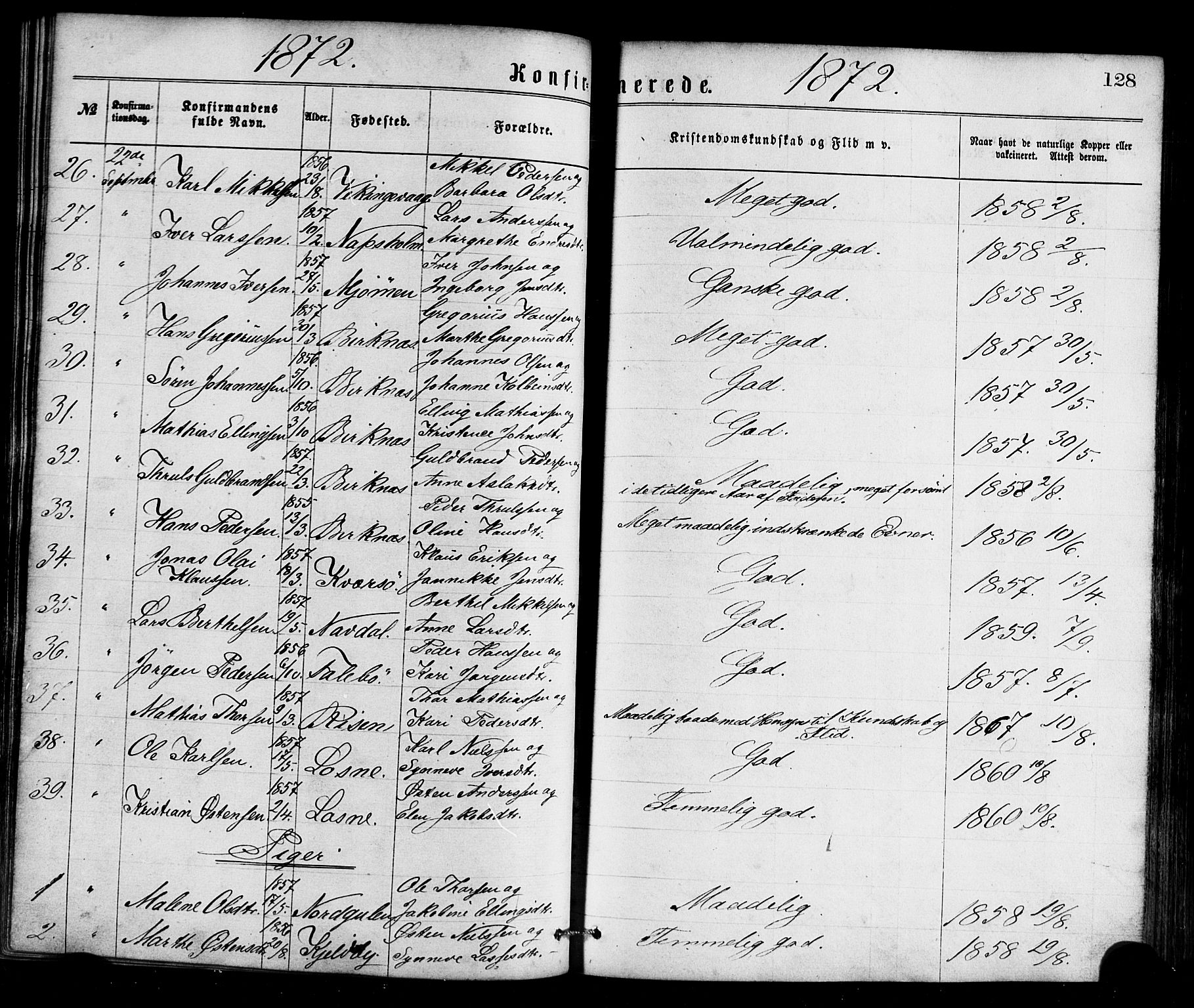 Gulen sokneprestembete, AV/SAB-A-80201/H/Haa/Haaa/L0023: Parish register (official) no. A 23, 1870-1880, p. 128