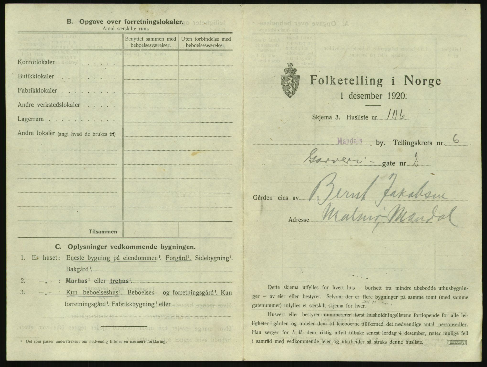 SAK, 1920 census for Mandal, 1920, p. 1397
