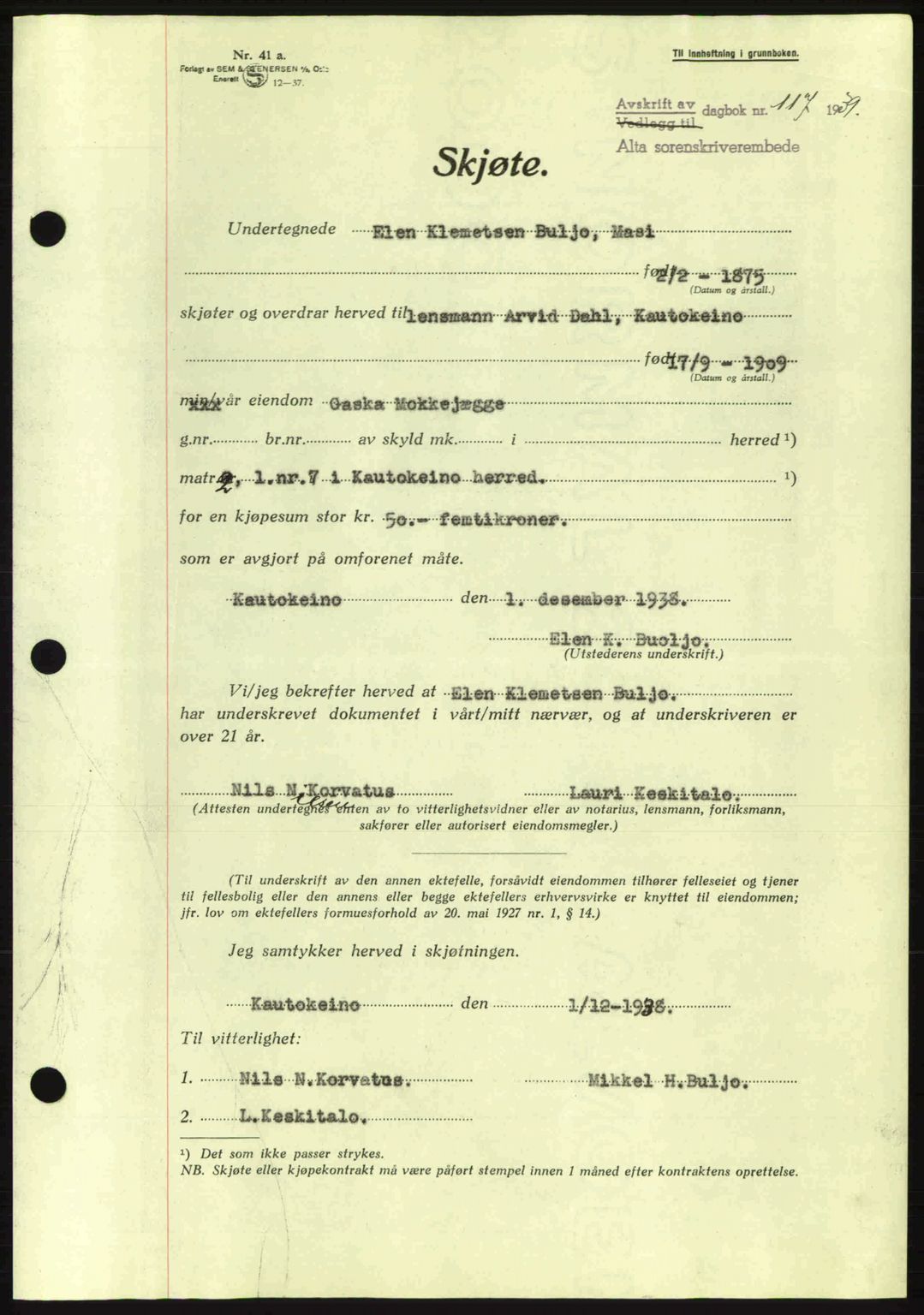 Alta fogderi/sorenskriveri, SATØ/SATØ-5/1/K/Kd/L0031pantebok: Mortgage book no. 31, 1938-1939, Diary no: : 117/1939