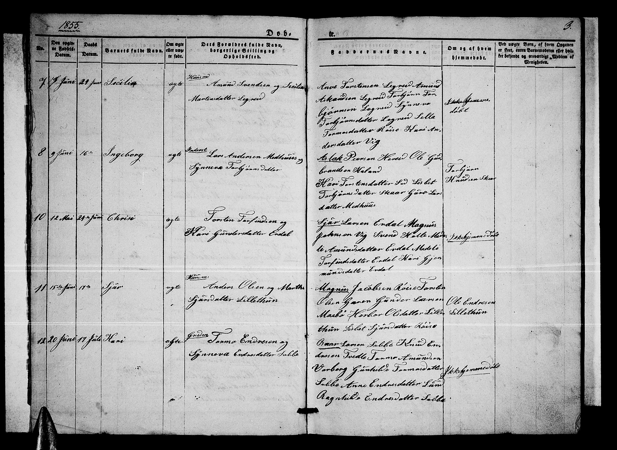 Ullensvang sokneprestembete, SAB/A-78701/H/Hab: Parish register (copy) no. C 1, 1855-1871, p. 3