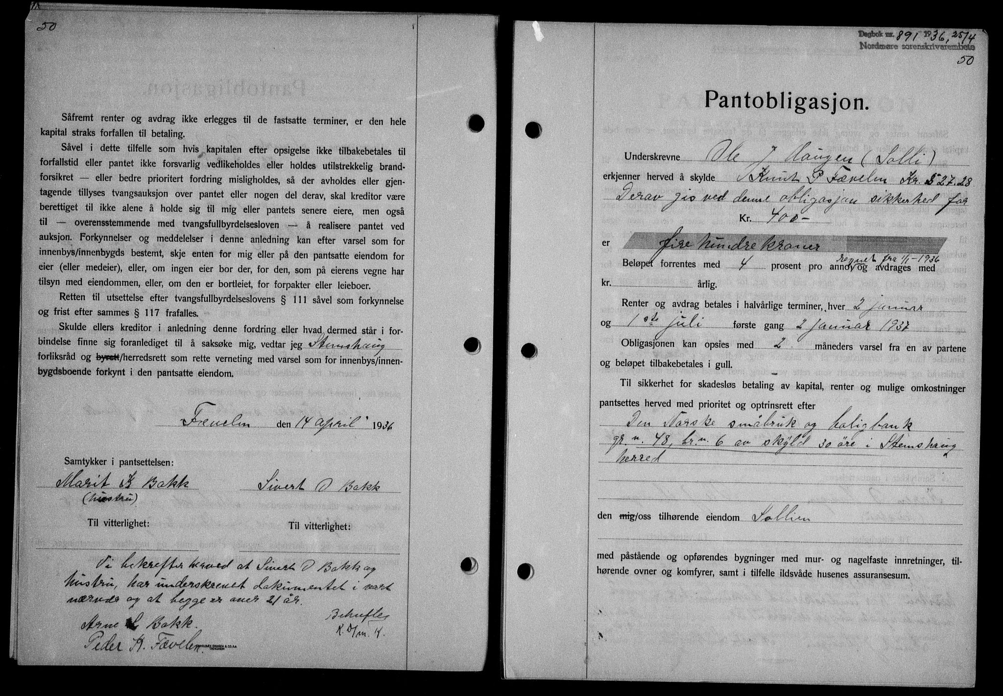 Nordmøre sorenskriveri, AV/SAT-A-4132/1/2/2Ca/L0088: Mortgage book no. 78, 1936-1936, Diary no: : 891/1936