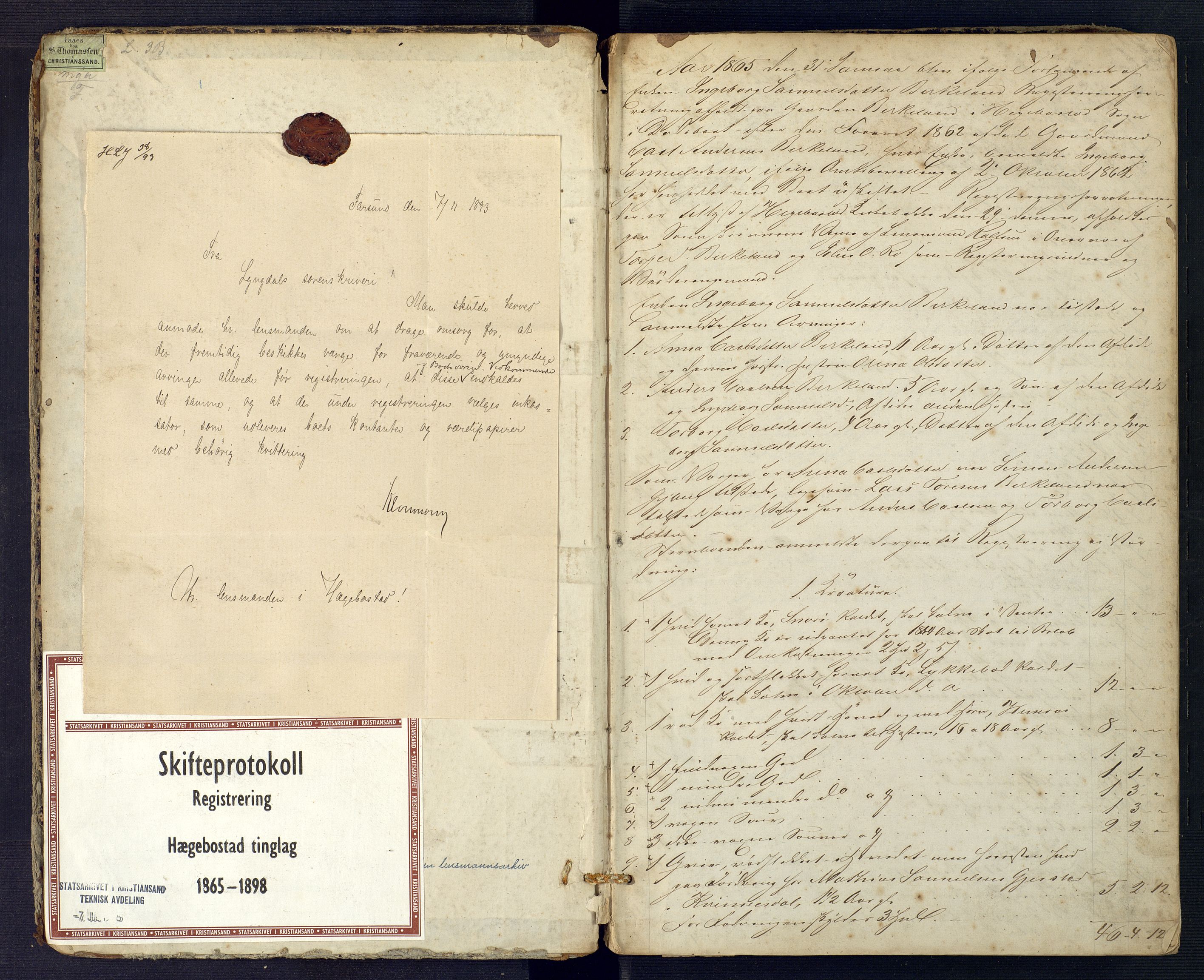 Lyngdal sorenskriveri, AV/SAK-1221-0004/H/Hc/L0861: Skifteregistreringsprotokoll nr. 11, Hægebostad tinglag, 1865-1898, p. 0b-1a