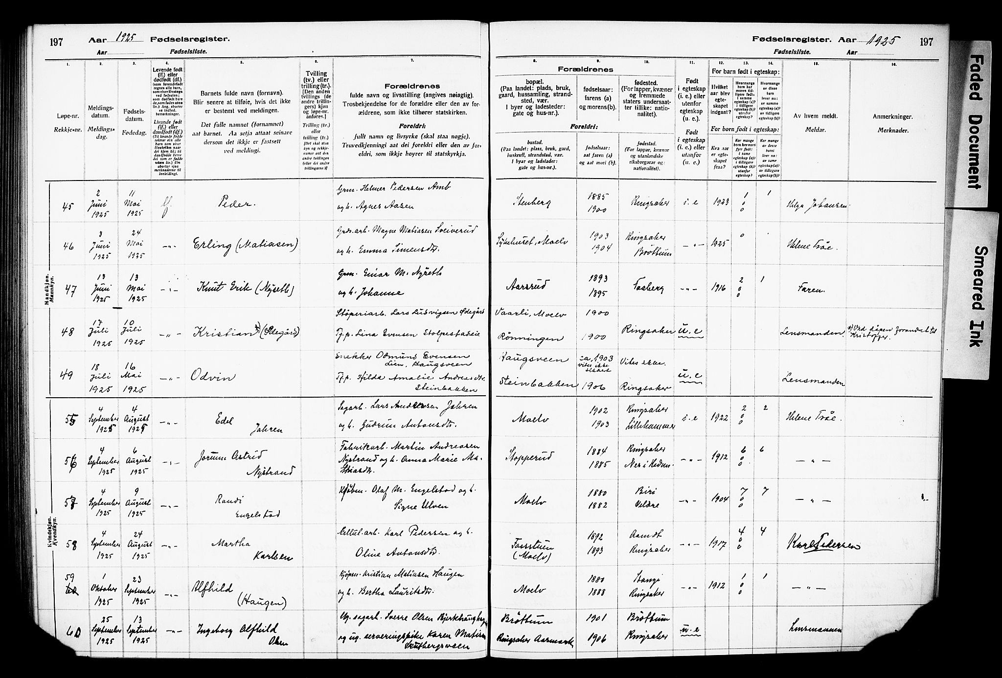 Ringsaker prestekontor, AV/SAH-PREST-014/O/Oa/L0001: Birth register no. 1, 1916-1925, p. 197