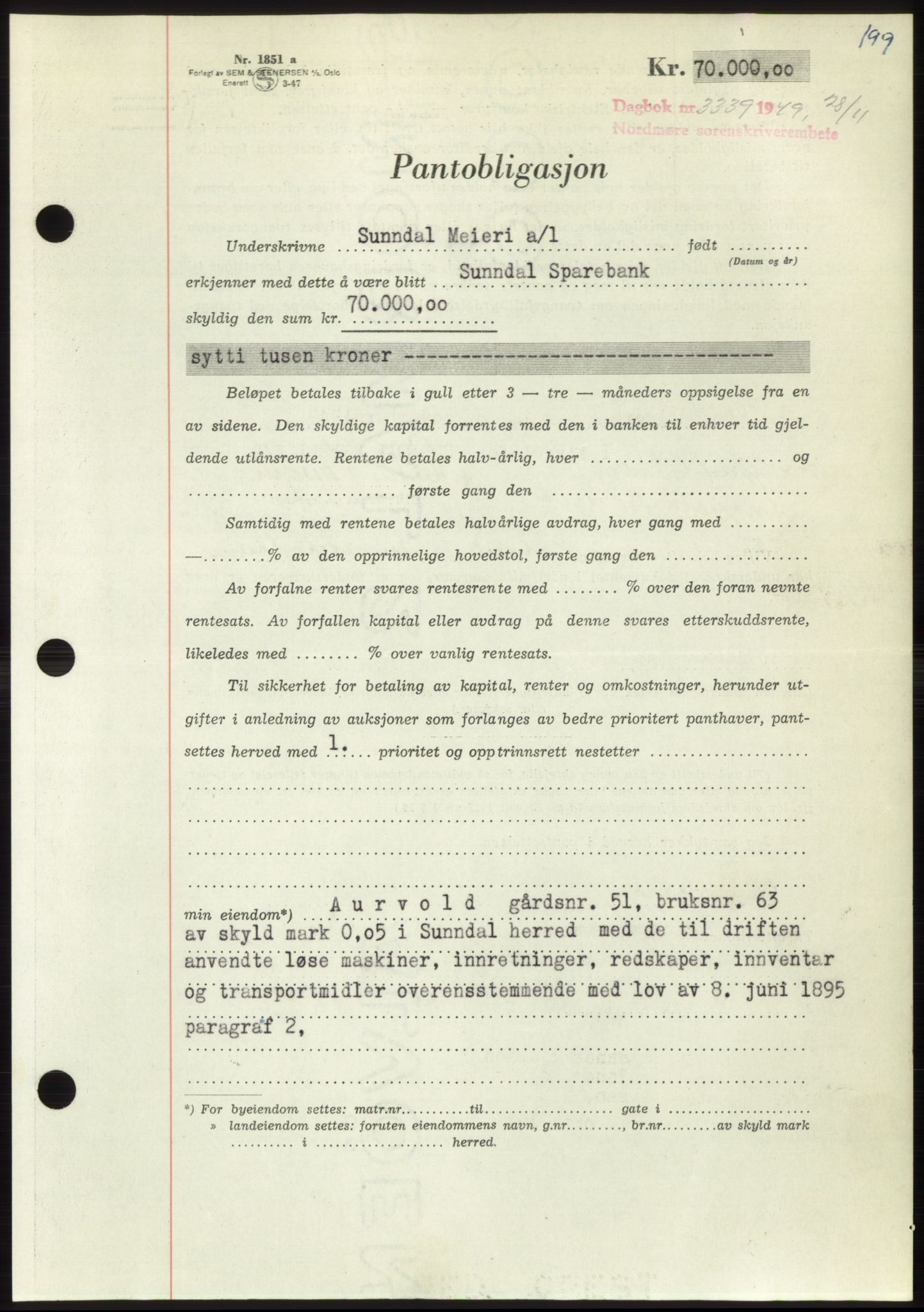 Nordmøre sorenskriveri, AV/SAT-A-4132/1/2/2Ca: Mortgage book no. B103, 1949-1950, Diary no: : 3339/1949