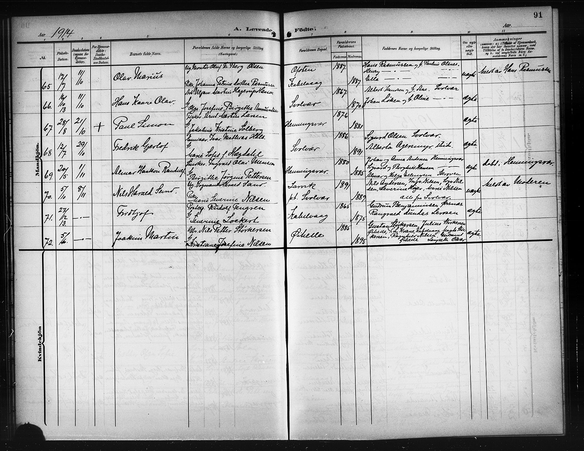 Ministerialprotokoller, klokkerbøker og fødselsregistre - Nordland, SAT/A-1459/874/L1079: Parish register (copy) no. 874C08, 1907-1915, p. 91