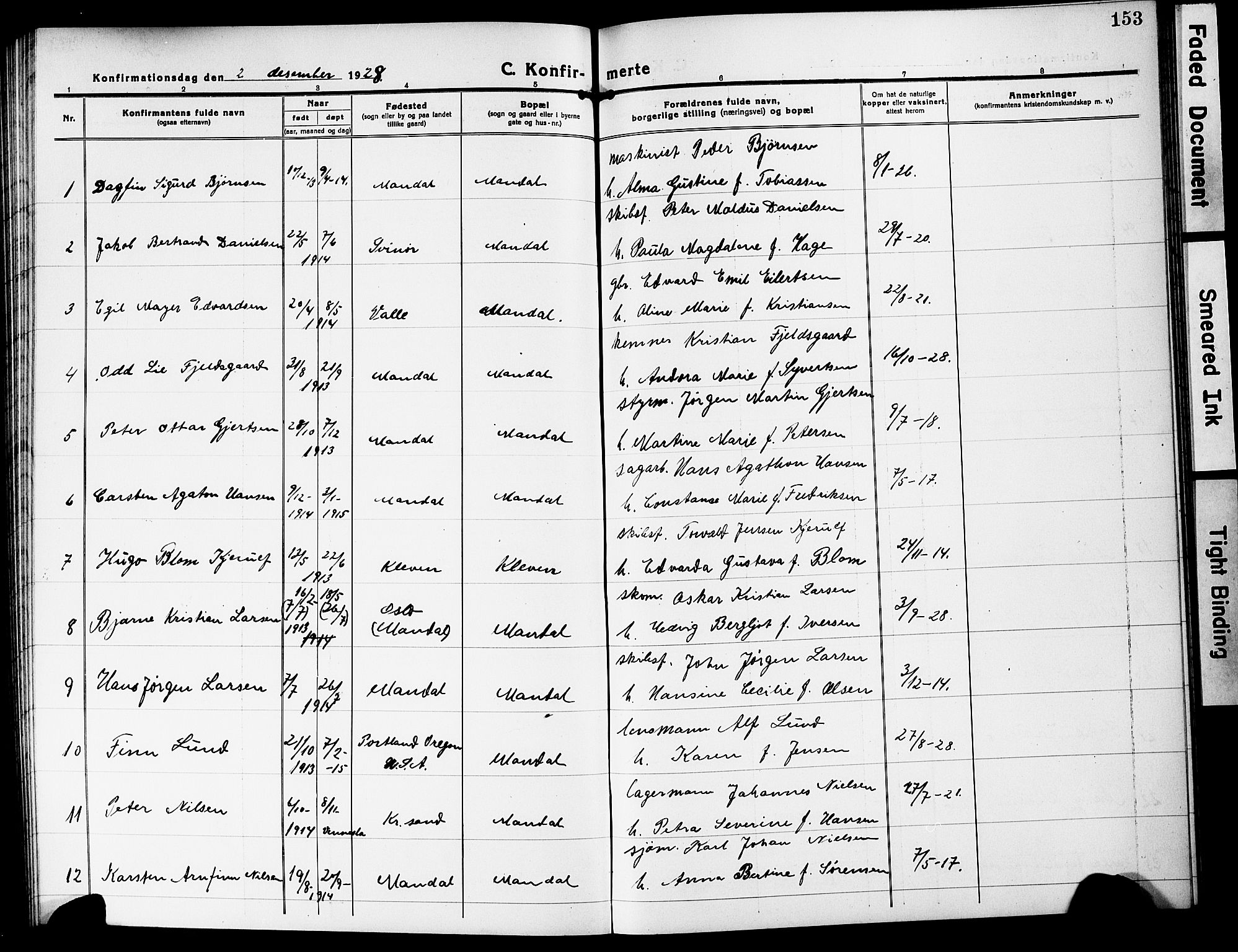 Mandal sokneprestkontor, SAK/1111-0030/F/Fb/Fbc/L0001: Parish register (copy) no. B 1, 1918-1931, p. 153