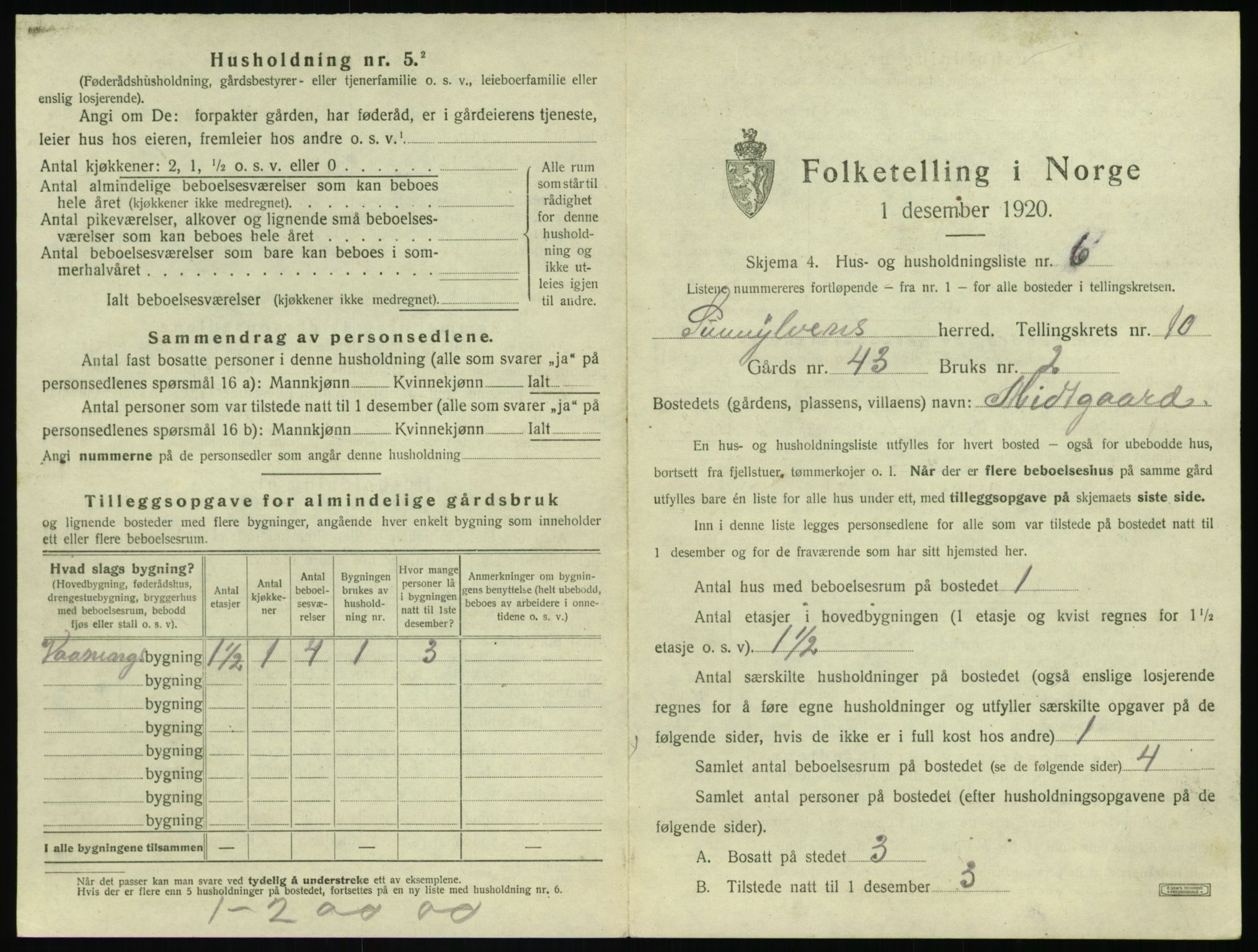 SAT, 1920 census for Sunnylven, 1920, p. 450