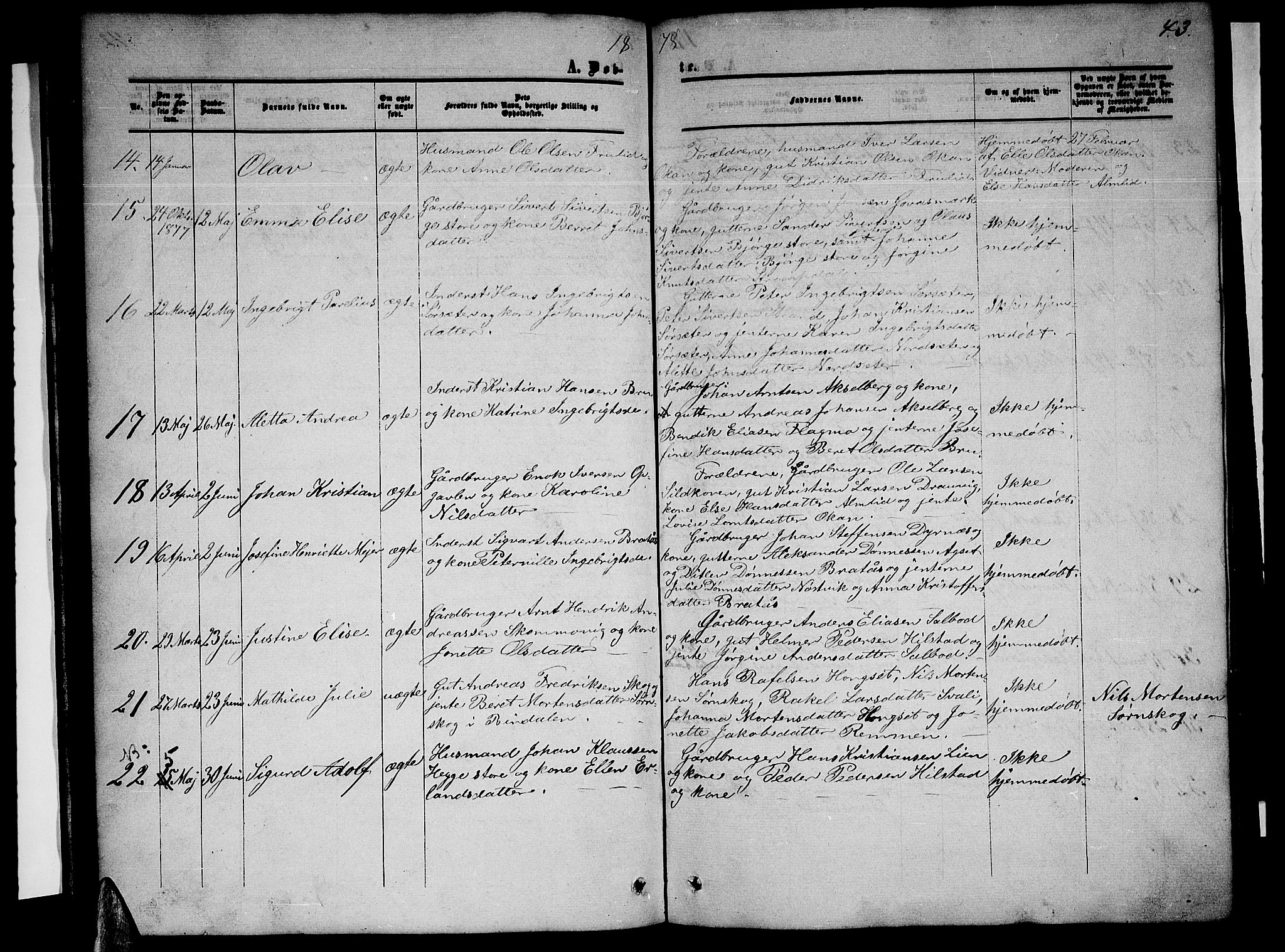 Ministerialprotokoller, klokkerbøker og fødselsregistre - Nordland, AV/SAT-A-1459/814/L0229: Parish register (copy) no. 814C02, 1859-1883, p. 43