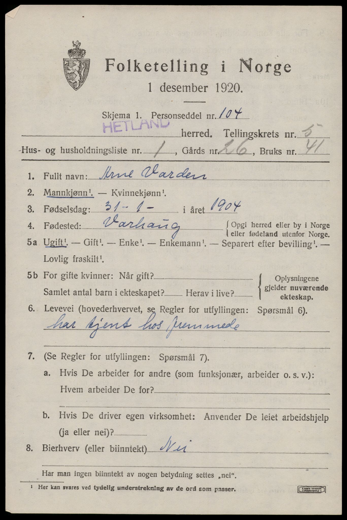 SAST, 1920 census for Hetland, 1920, p. 8357