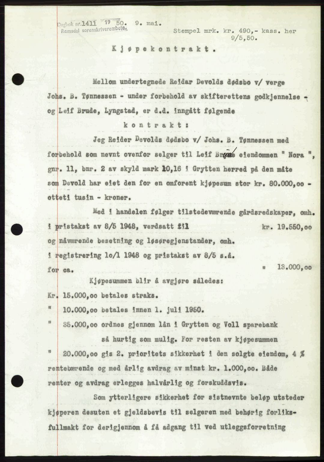 Romsdal sorenskriveri, SAT/A-4149/1/2/2C: Mortgage book no. A33, 1950-1950, Diary no: : 1411/1950