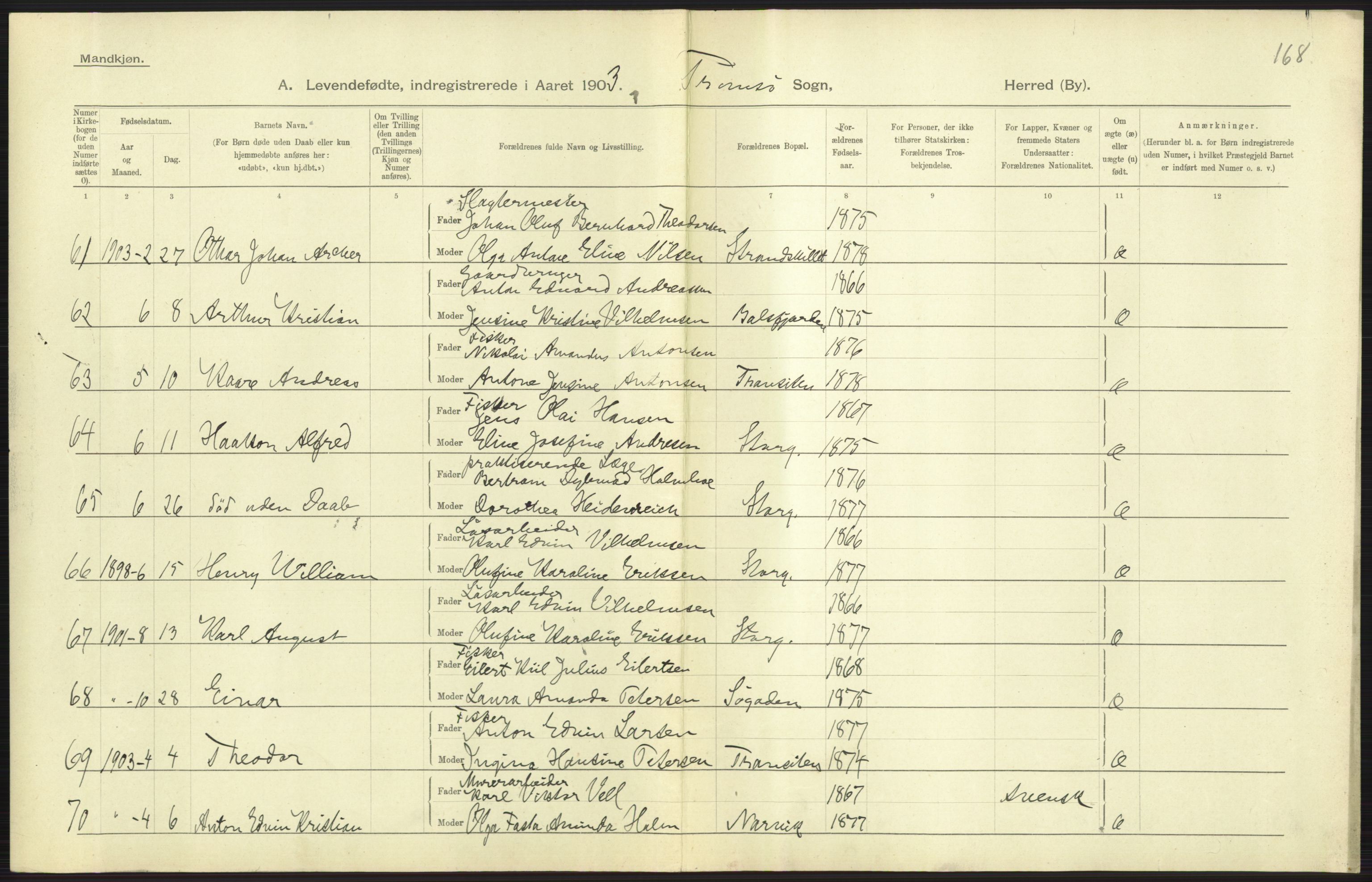 Statistisk sentralbyrå, Sosiodemografiske emner, Befolkning, AV/RA-S-2228/D/Df/Dfa/Dfaa/L0021: Tromsø amt: Fødte, gifte, døde., 1903, p. 285