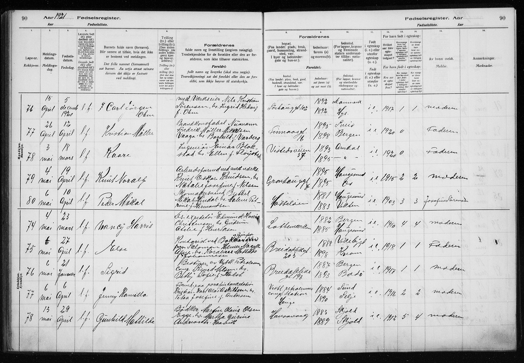 Haugesund sokneprestkontor, SAST/A -101863/I/Id/L0004: Birth register no. 2, 1919-1923, p. 90