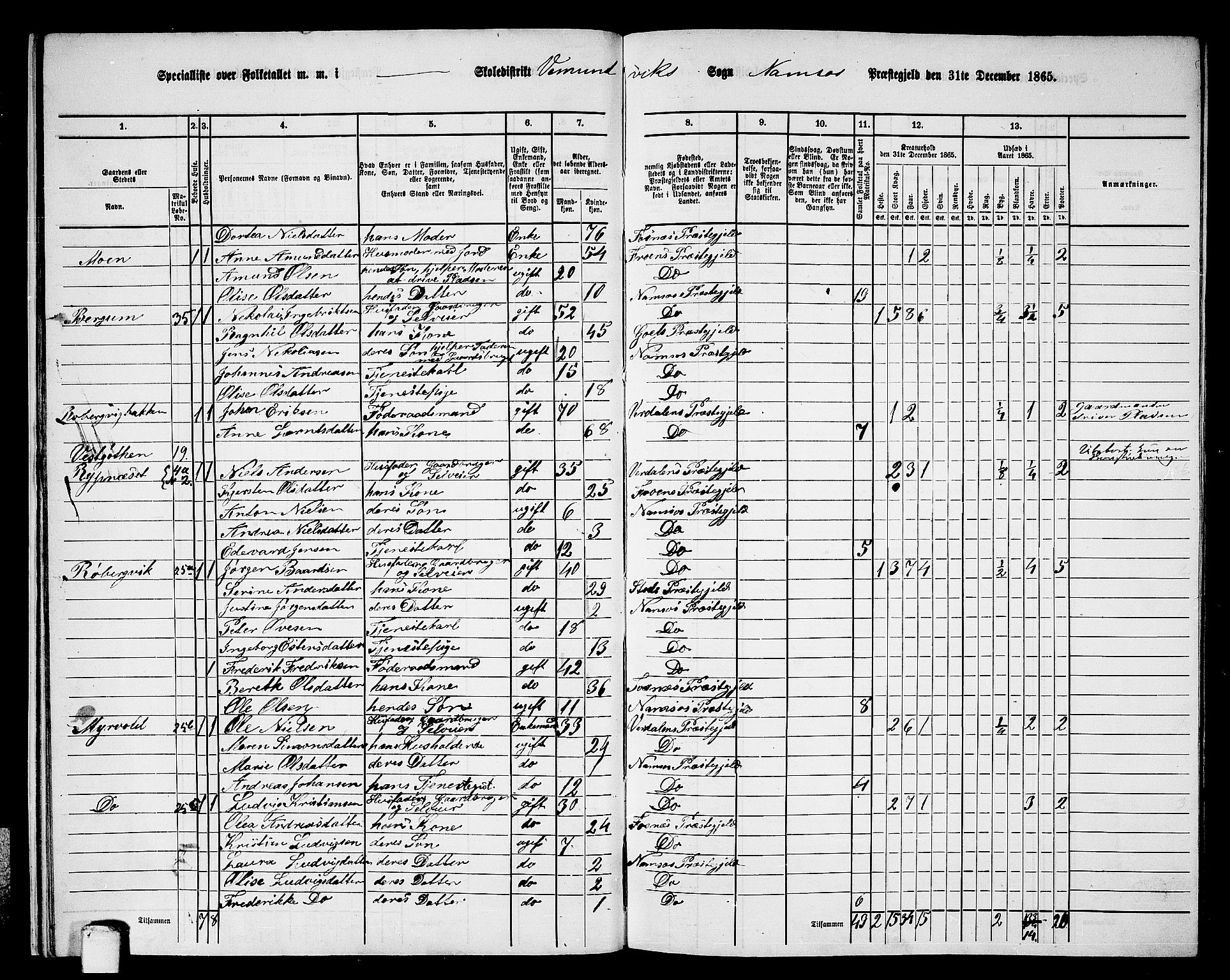 RA, 1865 census for Namsos/Vemundvik og Sævik, 1865, p. 15