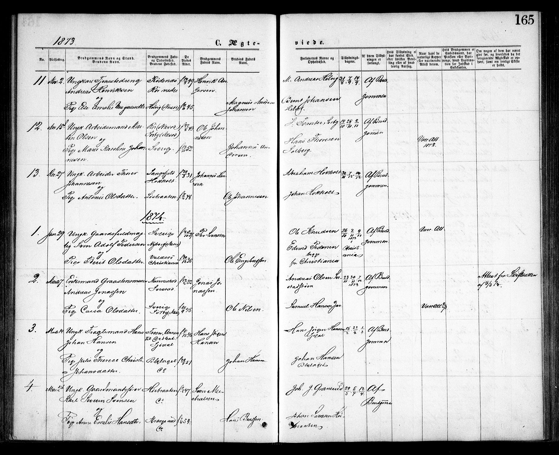 Nesodden prestekontor Kirkebøker, SAO/A-10013/F/Fa/L0008: Parish register (official) no. I 8, 1869-1879, p. 165