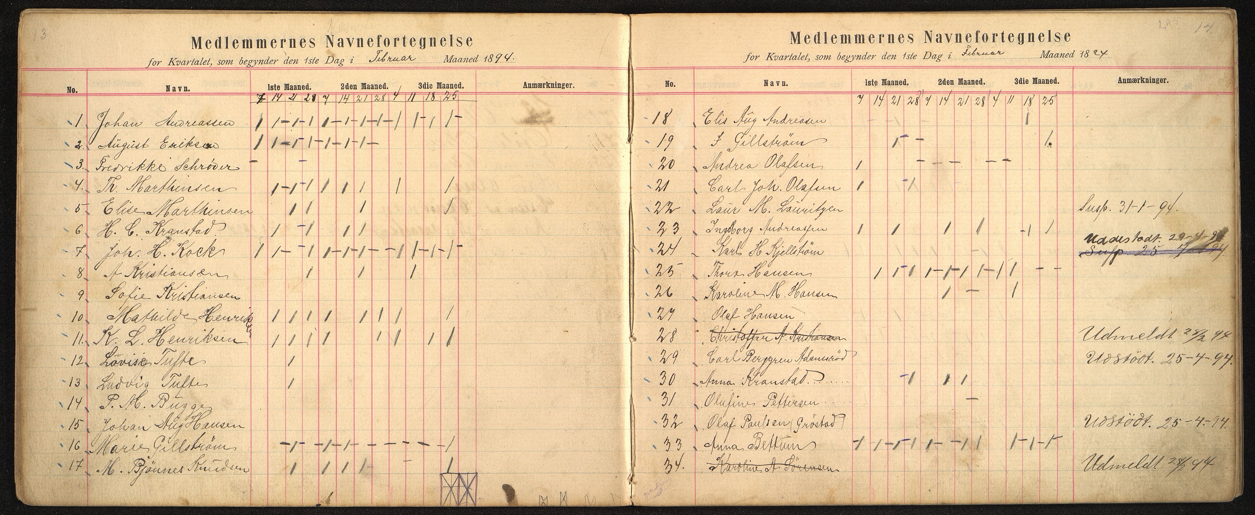 Pa 58 - Losje Aftenstjernen, VEMU/A-1074/P/L0006: Fremmøteprotokoll, 1893-1895